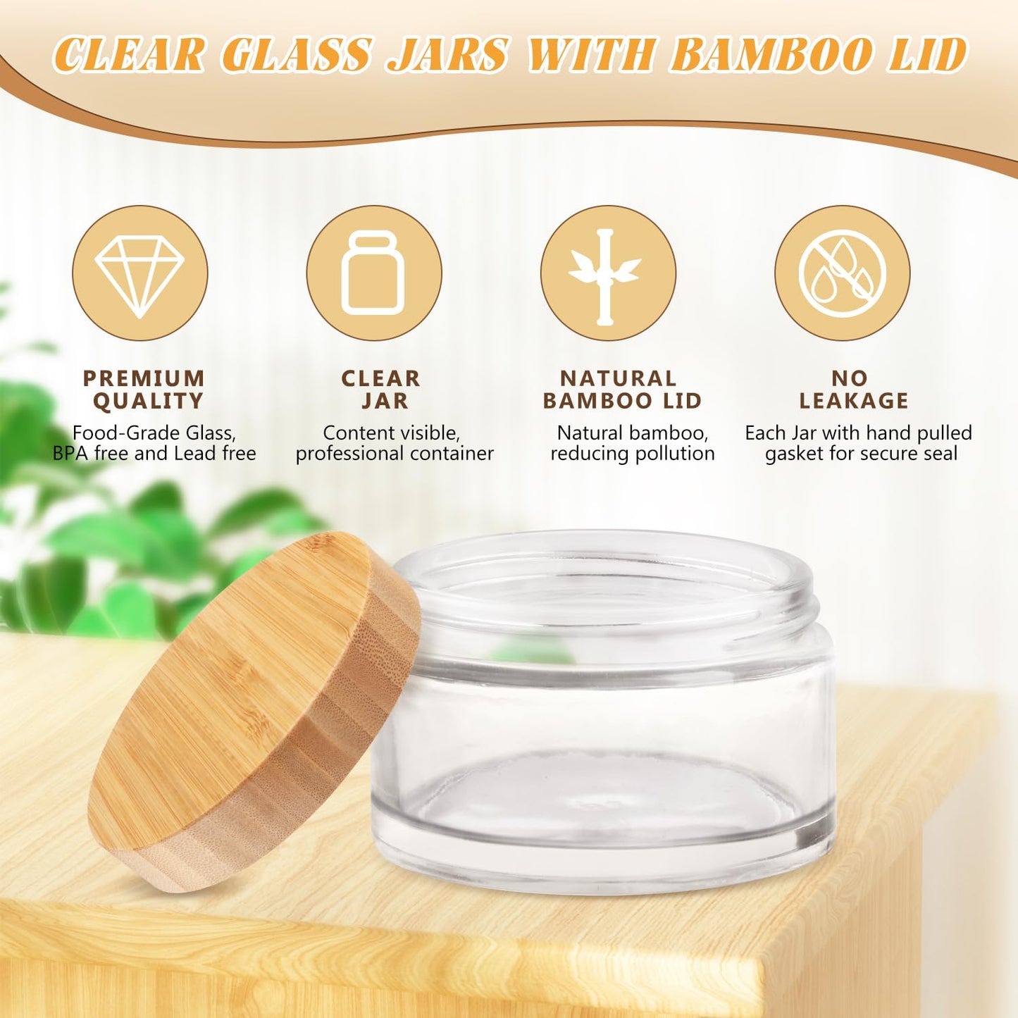 4 Pack 200ml/6.8 oz Glass Jars,Refillable Round Wide-mouth Jars Pot with Bamboo Lids,Empty Cosmetic Storage Containers for Lotion,Spice,Powder,Body Butter,Moisturiser,Cream,Candle Making (Clear)