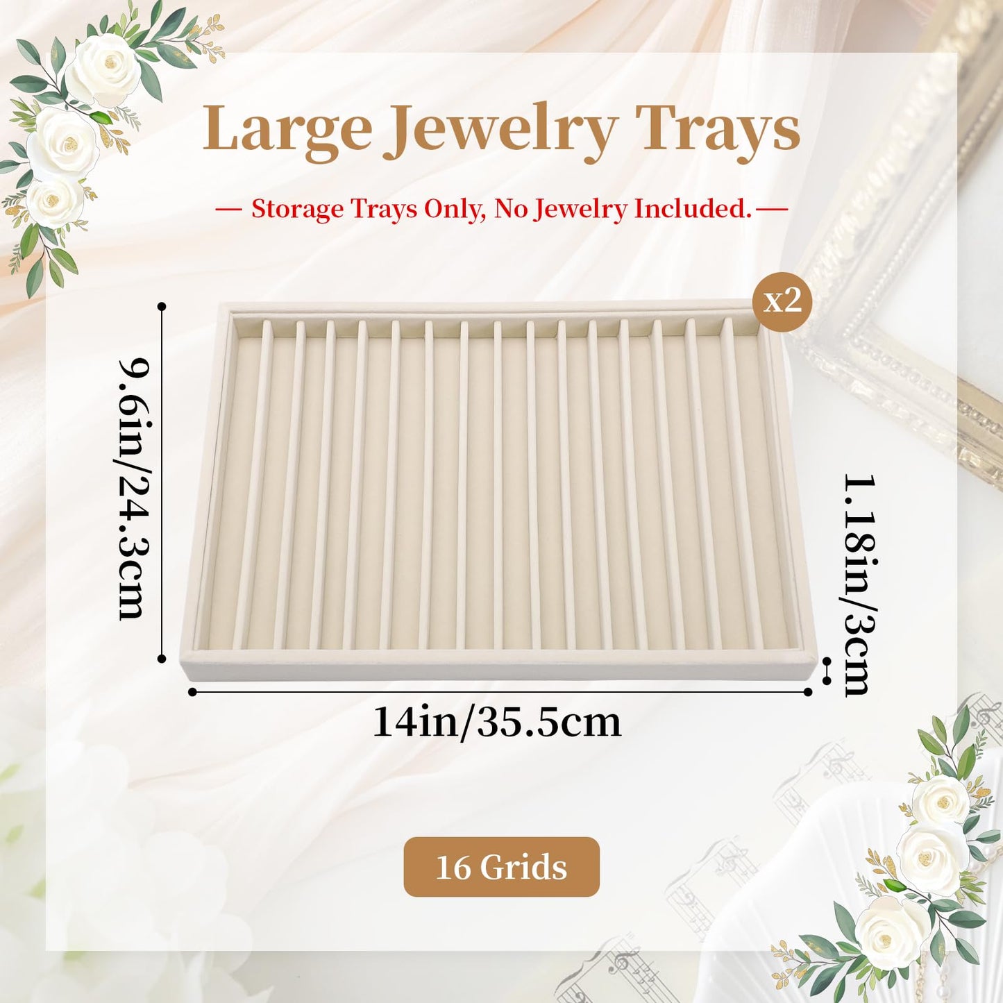 Ewen 2 Pack 16-Grid Stackable Jewelry Organizers and Storage Trays, Large Jewelry Organizer Drawers Inserts, 13.78x9.45x1.18in Beige Velvet Necklace Holder Display Case for Earrings Rings Organization