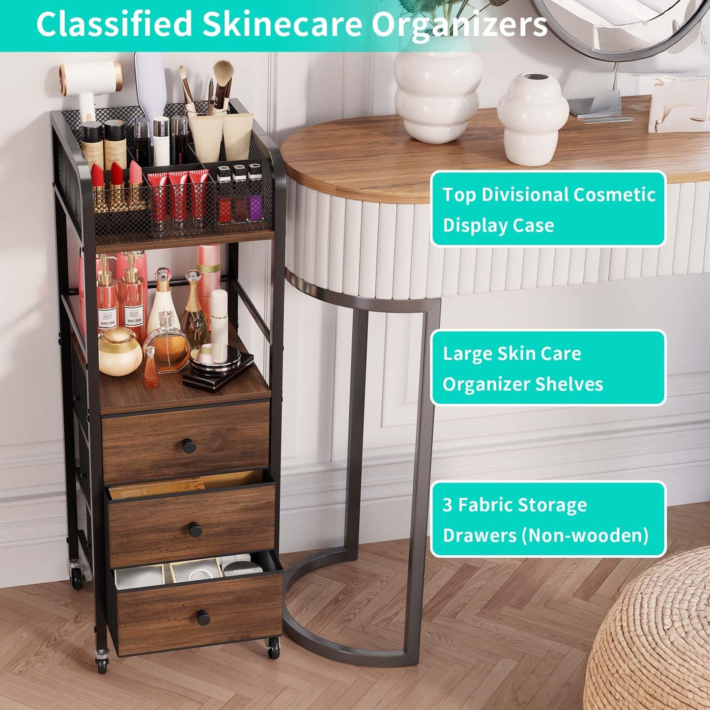 HapiRm Rolling Makeup Cart Organizer - Floor Skincare Make Up Storage with 3 Non-woven Fabric Drawers, Vanity Organizer Cosmetic Display Cases Holder for Skin Care Perfume Nail Polish Brush Hair Tool