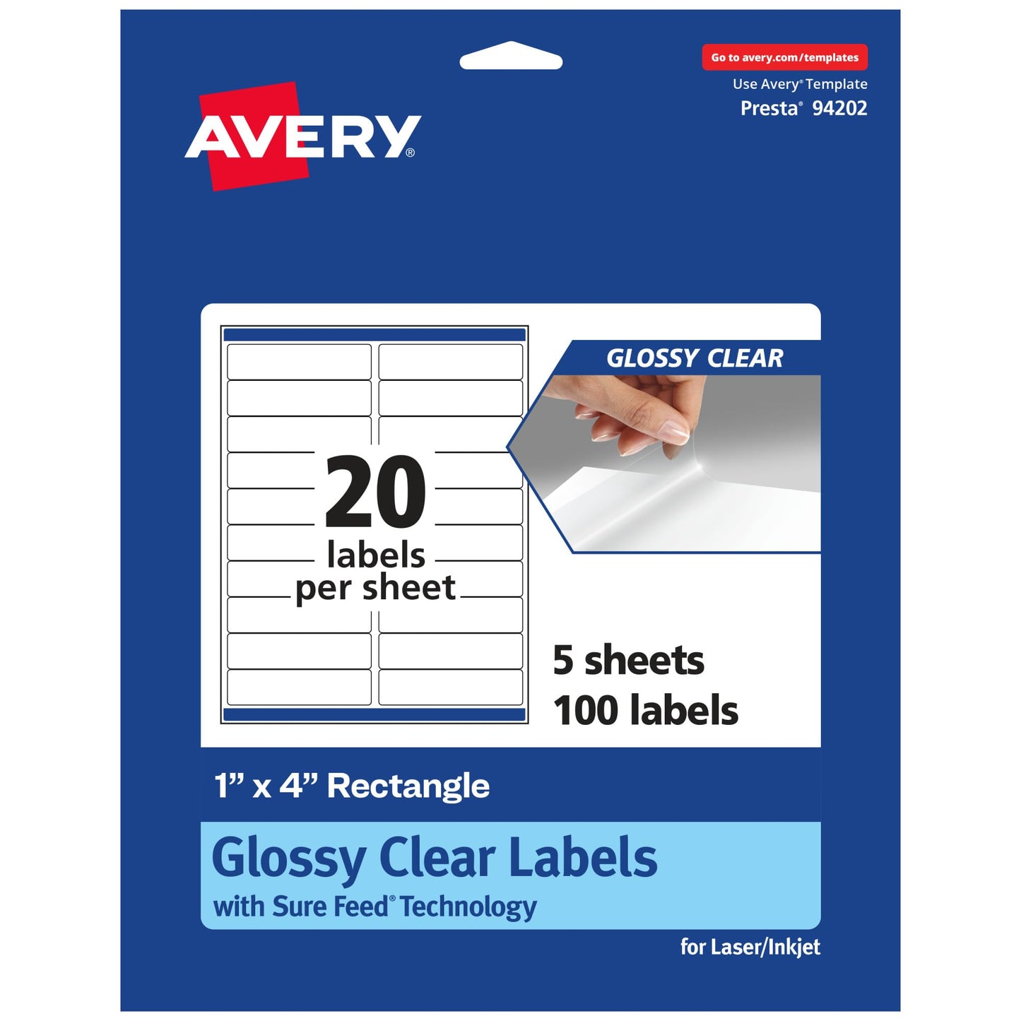 Avery Glossy Clear Rectangle Labels, Sure Feed Technology, 1" x 4", 100 Glossy Clear Labels, Laser/Inkjet Printable