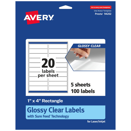 Avery Glossy Clear Rectangle Labels, Sure Feed Technology, 1" x 4", 100 Glossy Clear Labels, Laser/Inkjet Printable