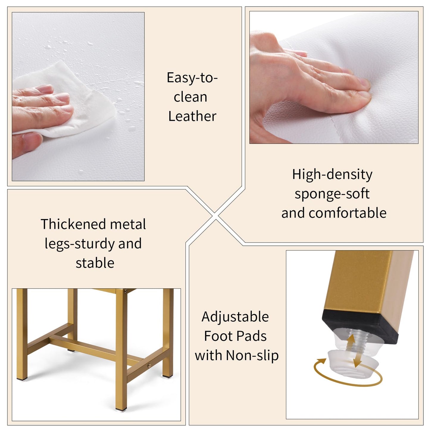FLYZC Saddle Seat Vanity Stool, Makeup Stool Chair with Metal Leg, U-Shaped PU Leather Ottoman Foot Rest, Small Square Chairs Under Desk for Vanity, Living Room, Modern Makeup Bench White&Gold