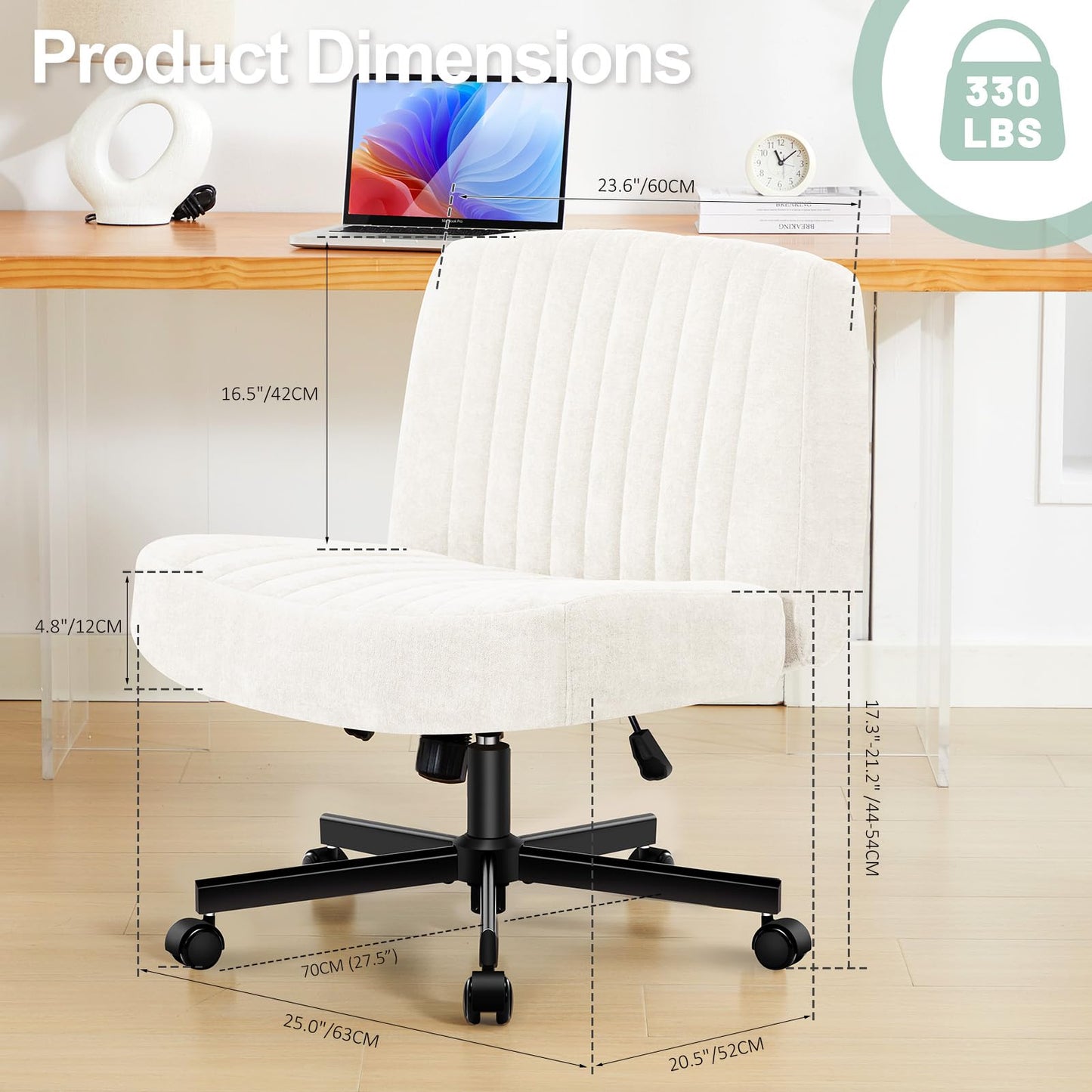 TUKAKA Criss Cross Chair with Wheels,Thick Padded Fabric Cross Legged Office Desk Chair with Pocket Spring Cushion,Dual-Purpose Base,Wide Adjustable Computer Home Office Vanity Chair,Cream White