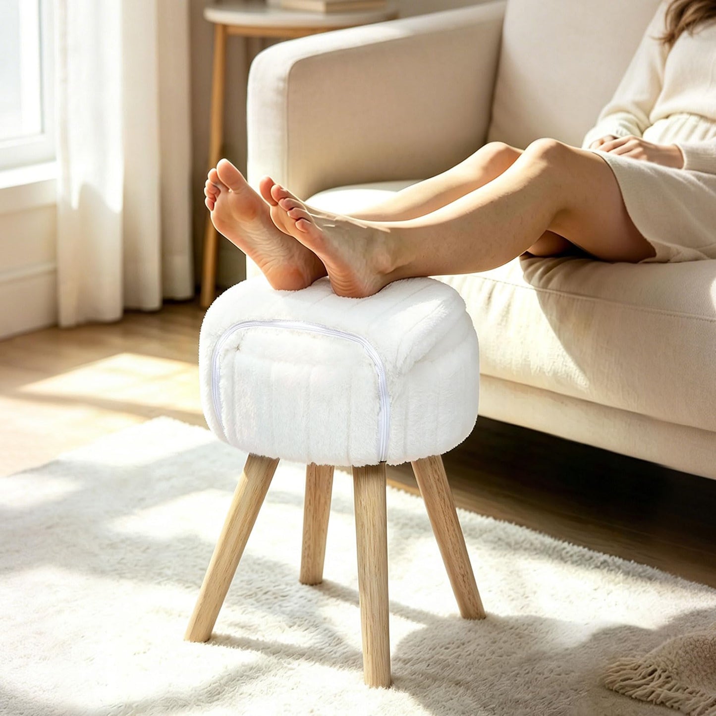 KANEODOT Vanity Stool with Storage & Folding Back,11.8“ D x 12.9” W x 27.9" H Round Faux Fur Cute Vanity Chair with 4 Solid Wood Legs,Comfy Small Makeup Ottoman for Living Room,Bedroom,Closet,White