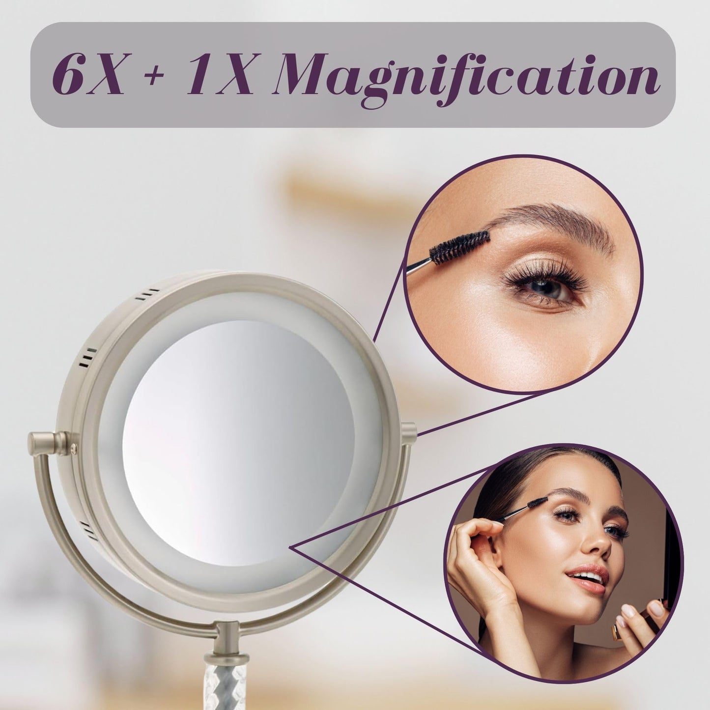 JERDON Lighted Makeup Mirror – 6X Magnifying Tabletop Vanity Mirror for Precision Makeup, Tweezing & Grooming – 8" Nickel Finish, 360° Swivel – Model HL856MNC
