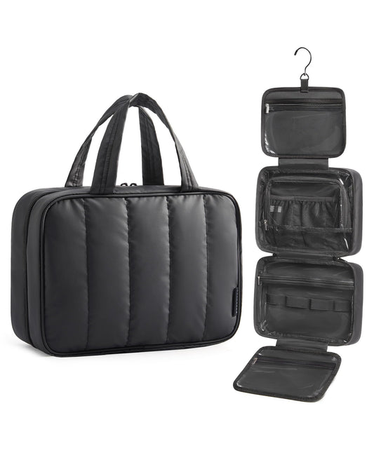BAGSMART Travel Toiletry Bag for women, Portable Hanging Hook Makeup Bag Organizer, Waterproof Makeup Cosmetic Bag, for Full-Size Accessories, Toiletries,Black