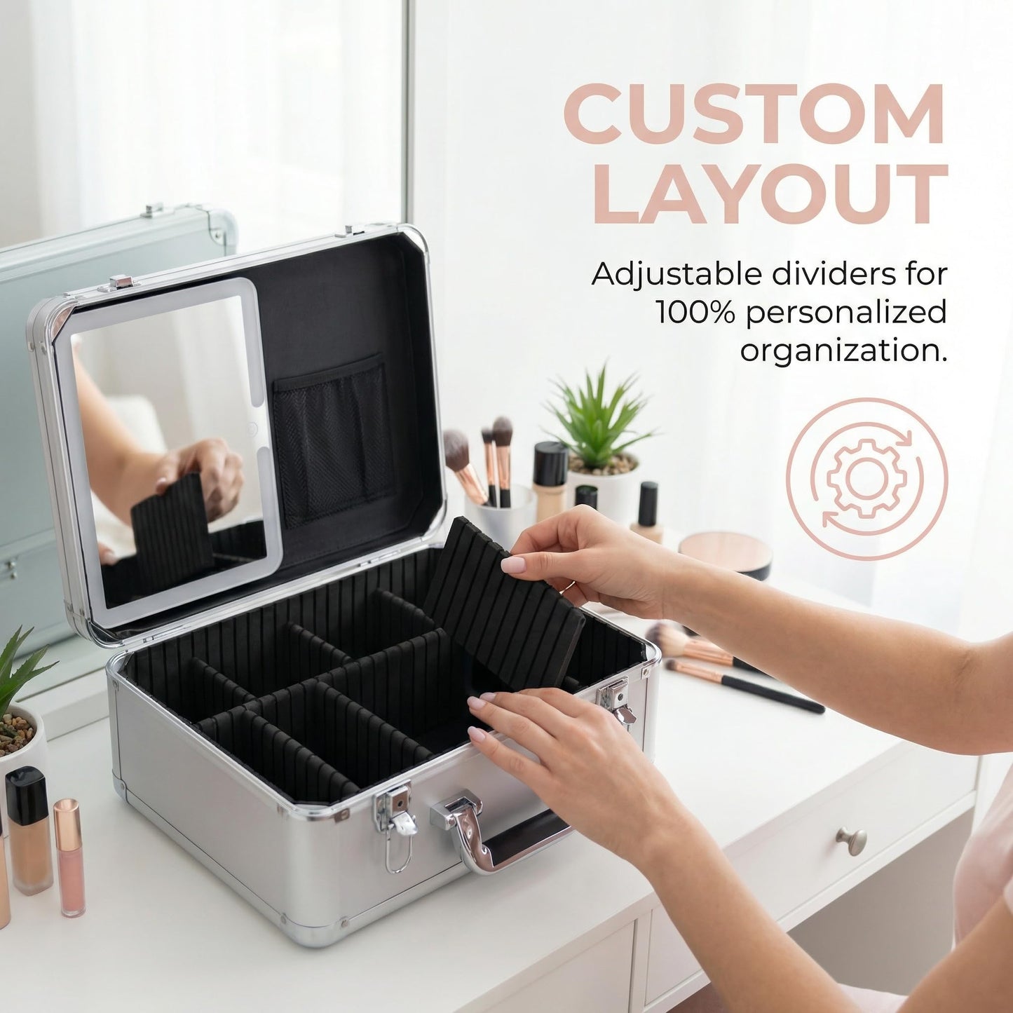 CHENGLIN Extra Large 15 inches Makeup Case with Lighted Mirror – Cosmetic Organizer with Adjustable Dividers, Magnetic LED Mirror, Portable Makeup Suitcase for Women (Silver)