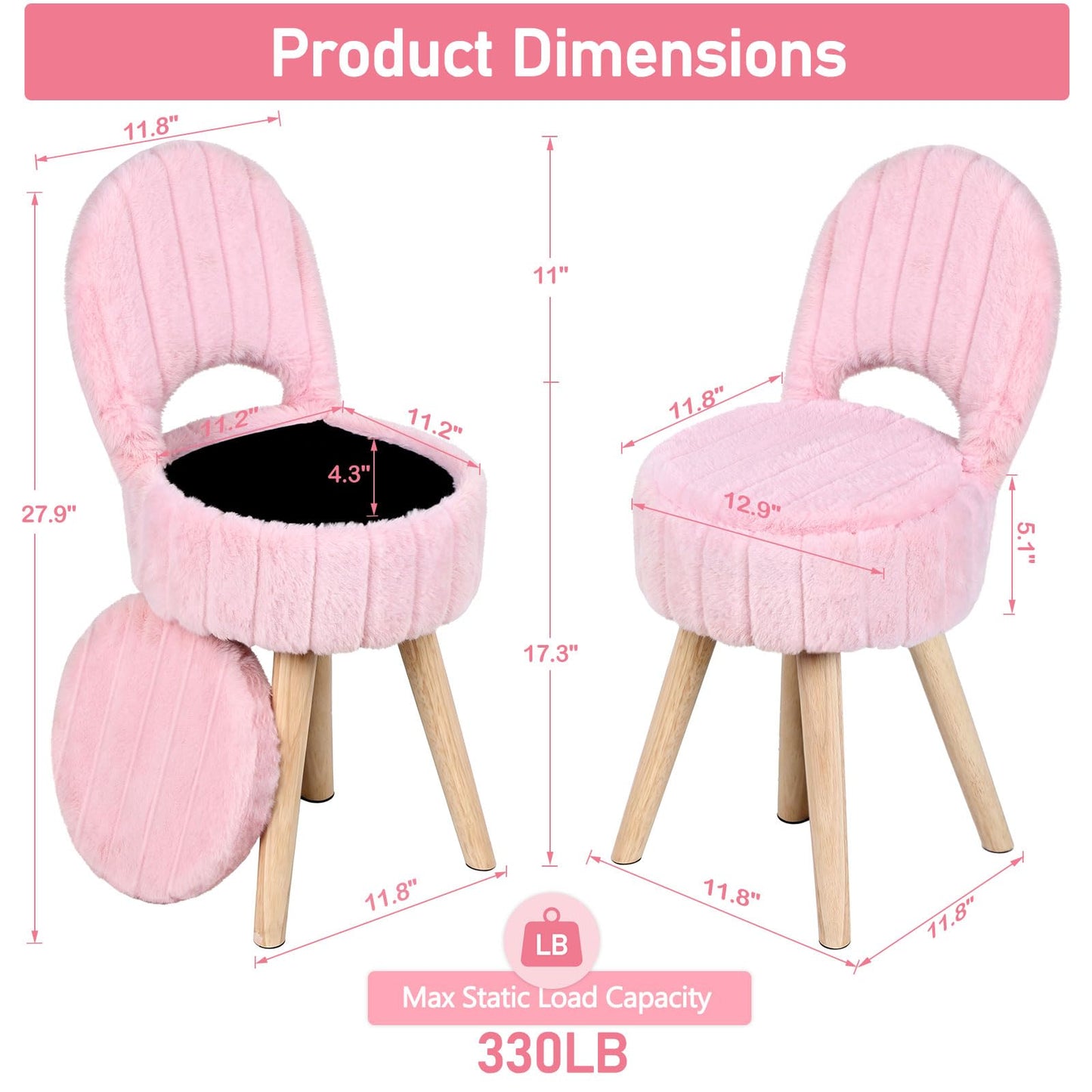 Small Vanity Stool Chair with Storage & Folding Back, Faux Rabbit Fur Soft Padded Seat Ottoman, 4 Solid Wood Legs Anti-Slip Feet, Stool for Vanity Desk for Makeuproom, Bedroom 12.9”x11.8”x27.9”（Pink）