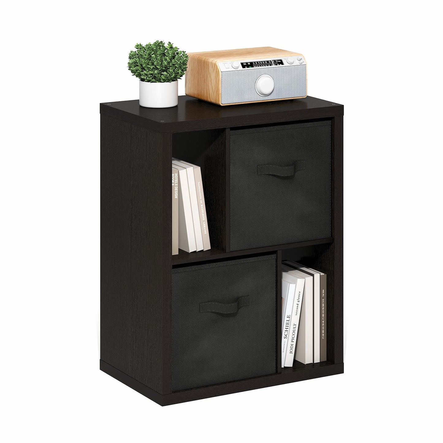 Furinno Viola Storage Shelf, 2-Tier Display Rack with 2 Drawer Bins, Extra Thick Frame Bookshelf, Reversible, for Organization, Living Room, Home Office, Black Dark Oak