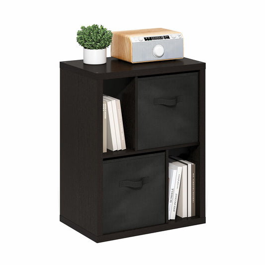 Furinno Viola Storage Shelf, 2-Tier Display Rack with 2 Drawer Bins, Extra Thick Frame Bookshelf, Reversible, for Organization, Living Room, Home Office, Black Dark Oak