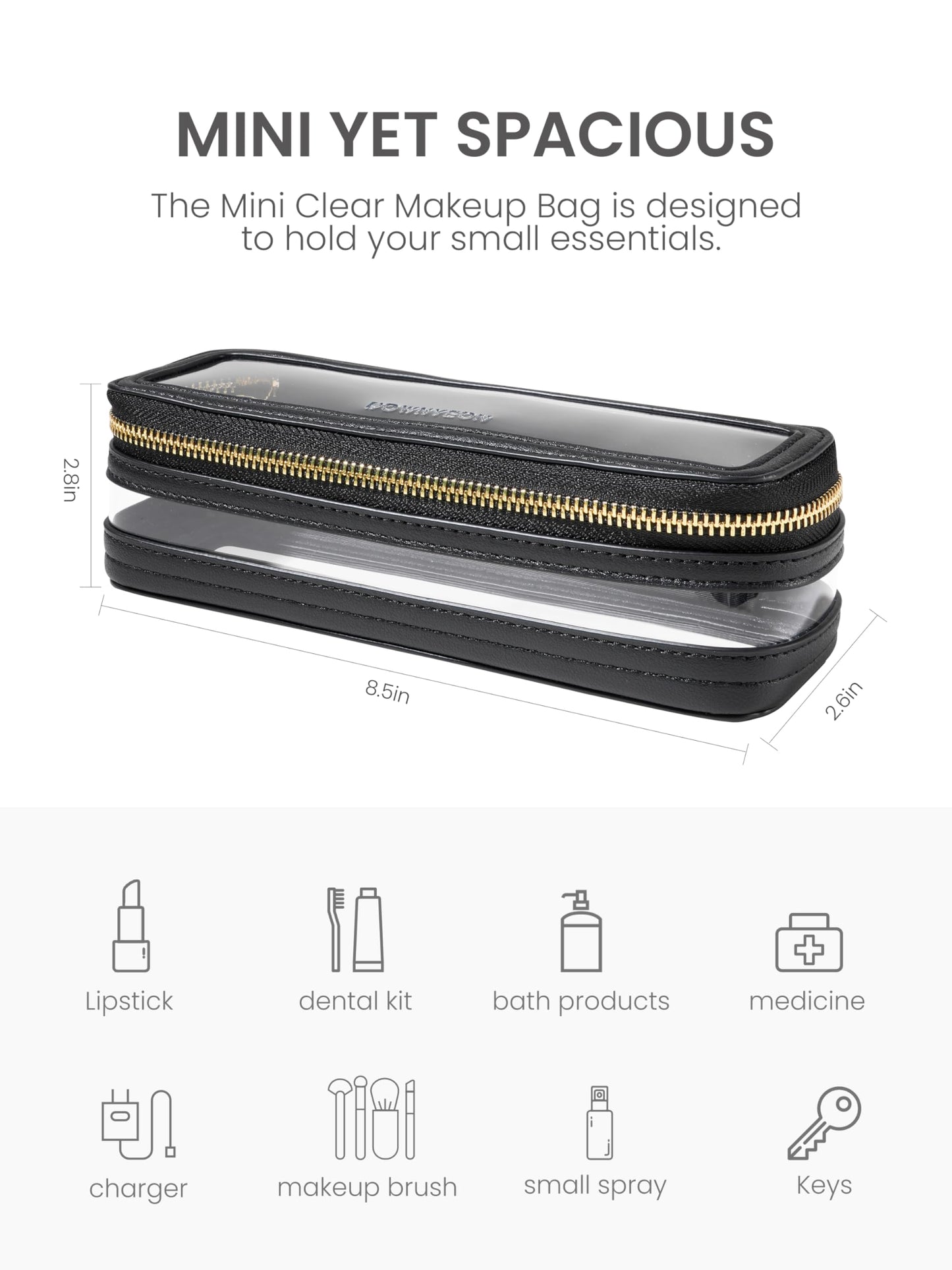 ROWNYEON Small Waterproof Toiletry Organizer Train Case, CLear Travel Makeup Bag for Women，Transparent Cosmetic Bag，Portable Makeup Case Organizer (black)
