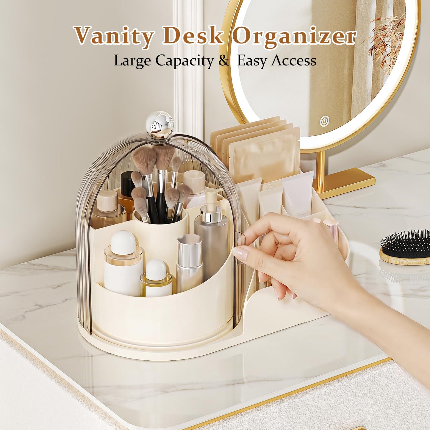 360 Rotating Makeup Organizer with Clear Dust Lid, Multi-compartment Perfume & Makeup Brush Holder, Large Capacity Vanity Desk Storage for Cosmetics, Skincare, Kitchen, Pantry, Bathroom Countertop