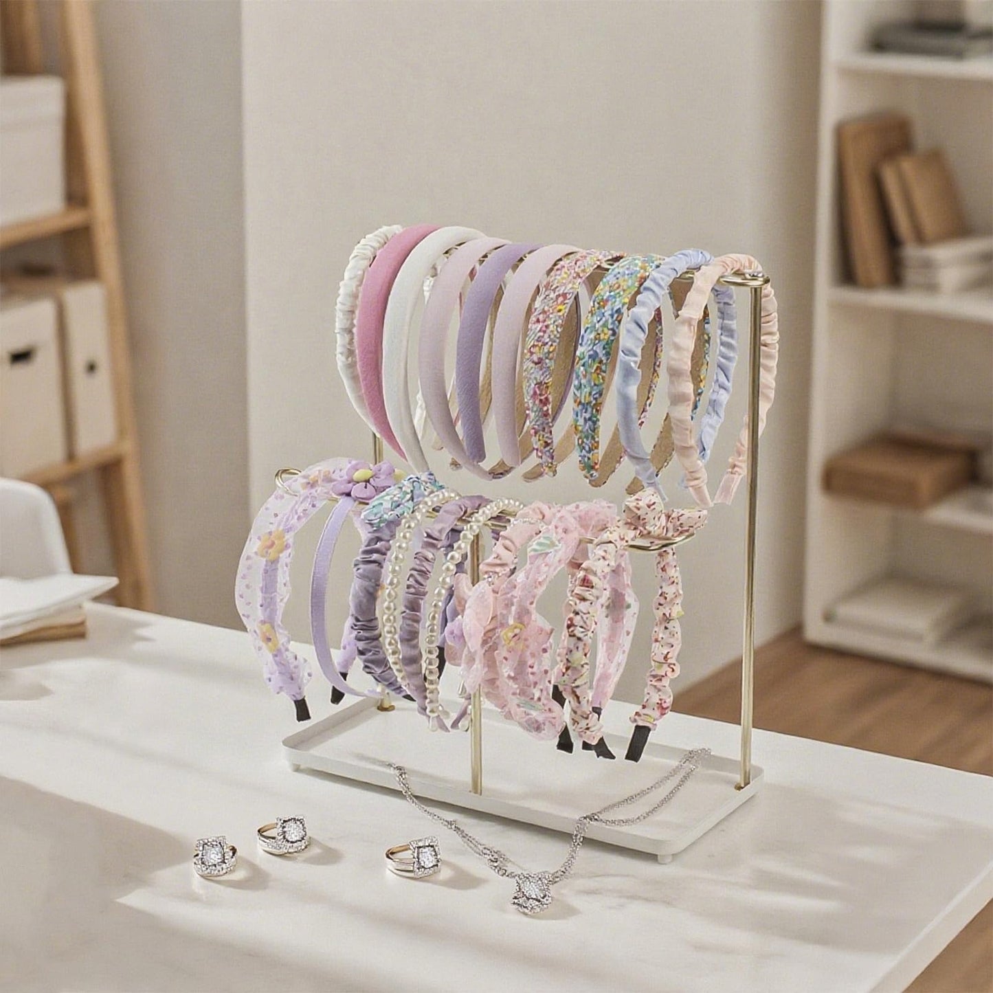 Essovee Headband Holder Organizer Metal 2-Tier with Tray, Necklace Storage Hairband Rack Hair Accessories Display Stand Stand Home Bedroom College Dorm Decor for Girls Women (Gold)