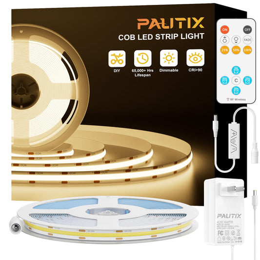 PAUTIX COB LED Strip Lights with RF Remote,UL Listed Dotless LED Lights Dimmable 3000K Warm White,Super Bright 32.8ft Flexible 24V LED Tape Light,for Kitchen Cabinets,Bed,Office Stairs Indoor Lighting