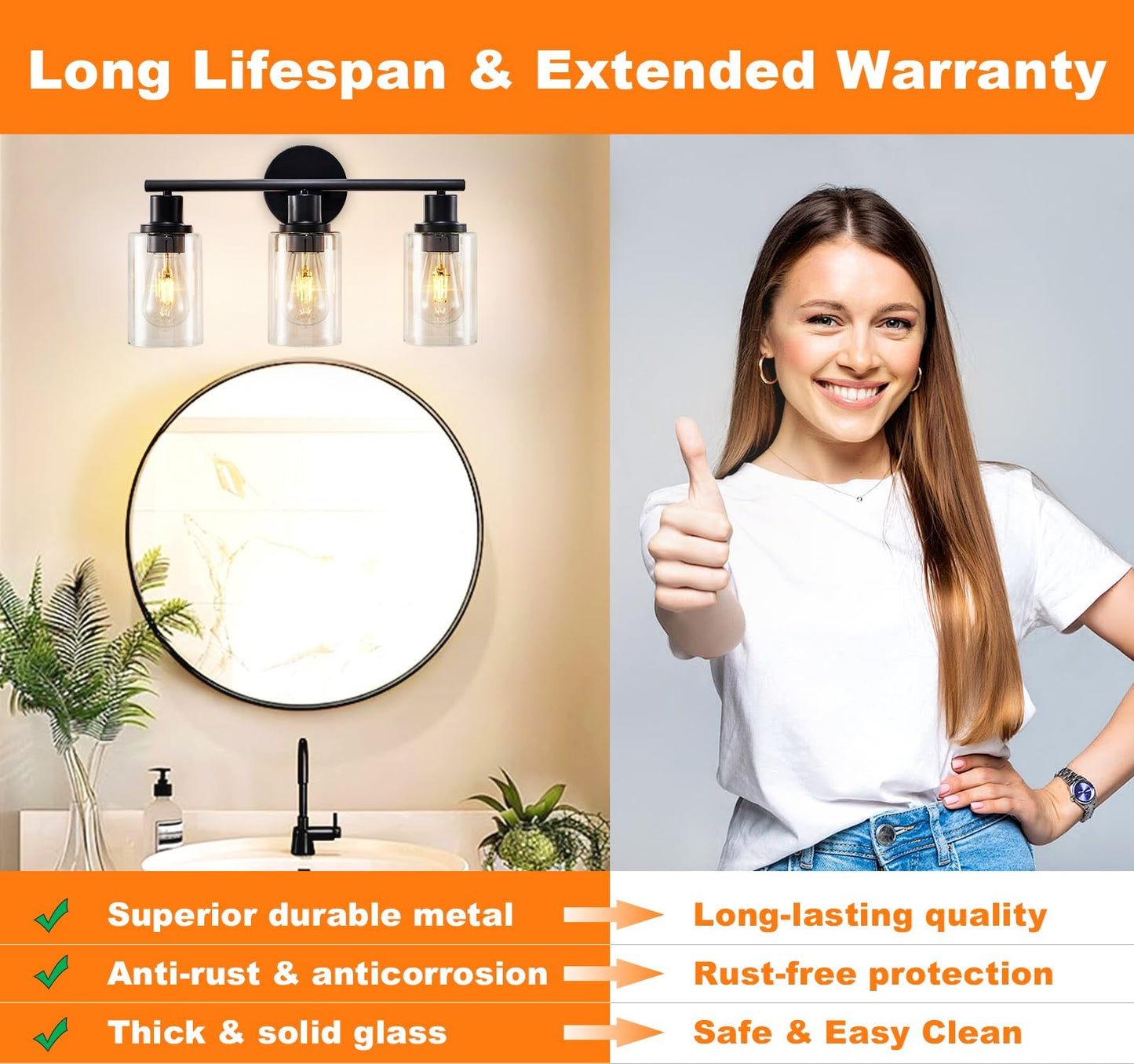 DLLT 3-Light Bathroom Light Fixtures: 18.51" Black Modern Vanity Lights with Clear Glass Shade - Bathroom Wall Lamp for Mirror Kitchen Living Room Hallway Cabinet Porch
