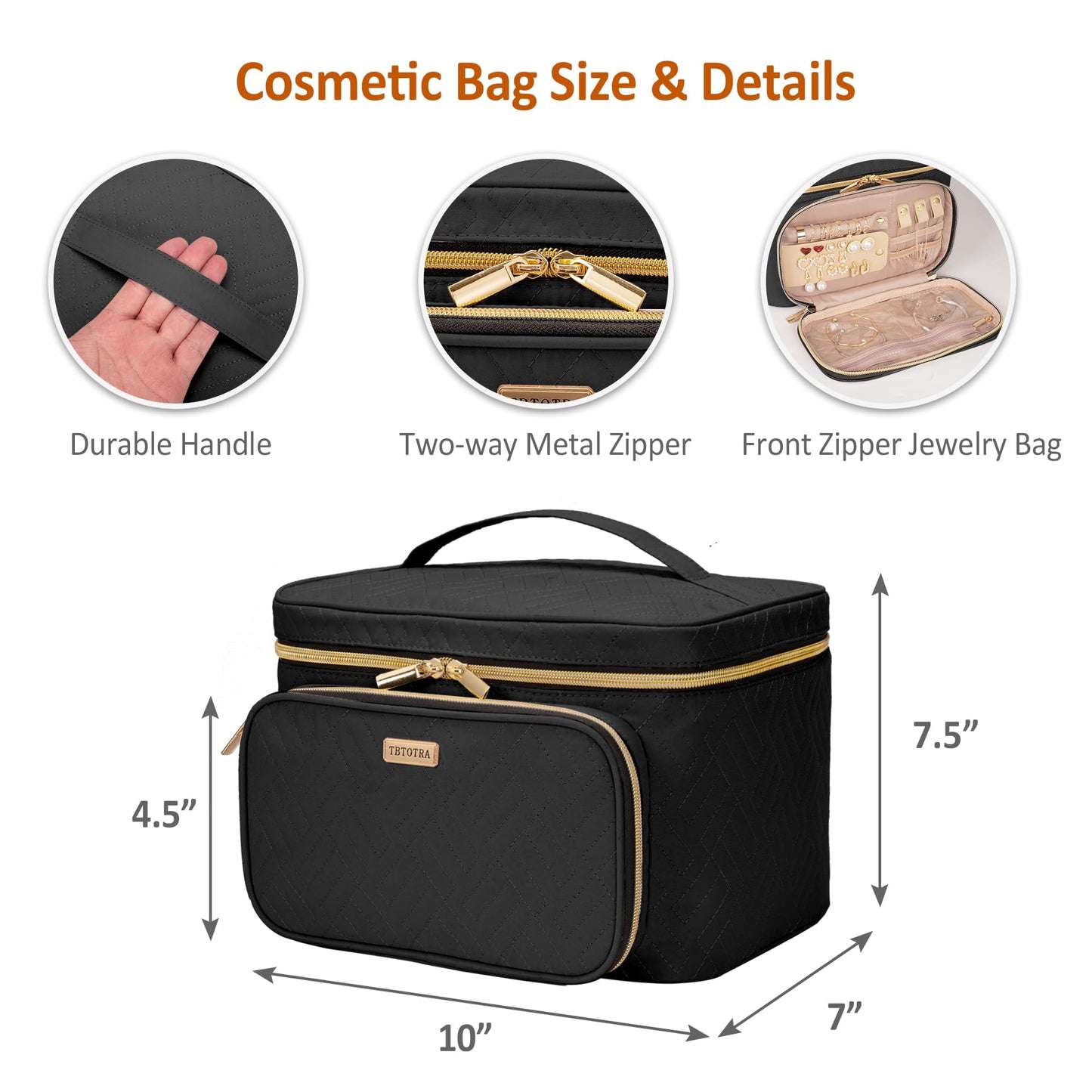 TBTOTRA Travel Makeup Bag with Jewelry Organizer, Large Cosmetic Case, Waterproof Toiletry Bag for Cosmetics, Brushes, and Tools, Black