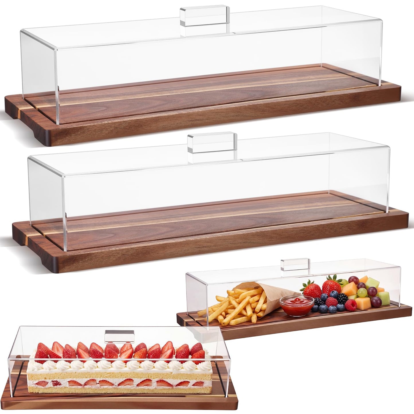 Mifoci 2 Pack Acacia Wood Cake Stand Serving Tray with Acrylic Lid, 15 x 6 x 4 Inches Charcuterie Table Display Set, Dessert Serving Tray Set for Bakery, Buffet, Home Party & Restaurant
