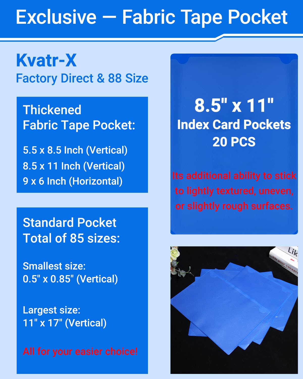 Kvatr-X 20 PCS Clear Self Adhesive Plastic Label Pockets, Top Loading Business & Library Index Card Holders, Peel and Stick Sleeves for Storage Bins, Totes, Binders and Drawers (11 x 17 Inch)