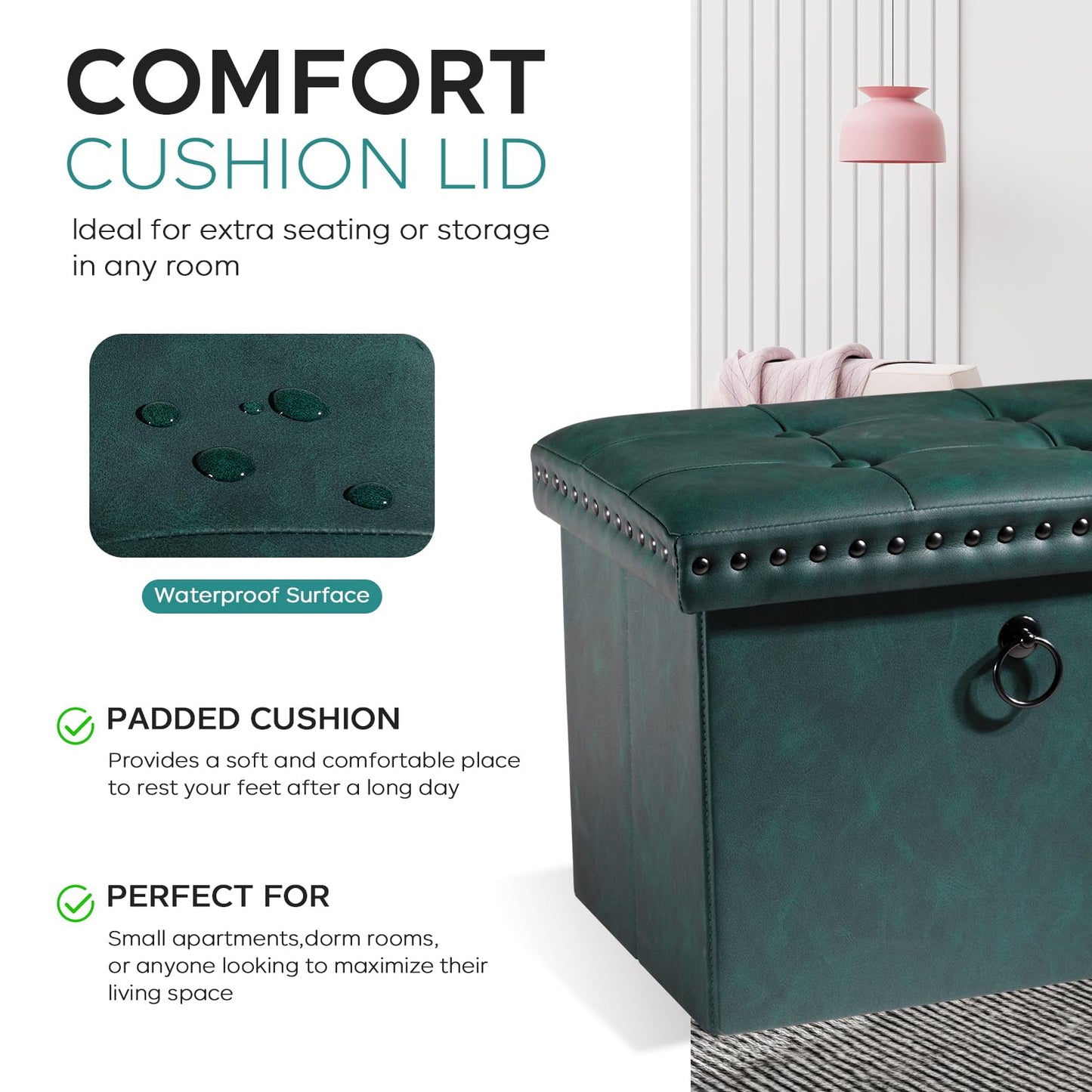 oakvivo Small 16 x 12 x12 Inches Folding Storage Ottoman, Faux Leather Foot Rest Stool with Rivet Design, Ottoman with Storage Vanity Stool Coffee Table for Living Room, Bedroom, Load 242 lbs, Green