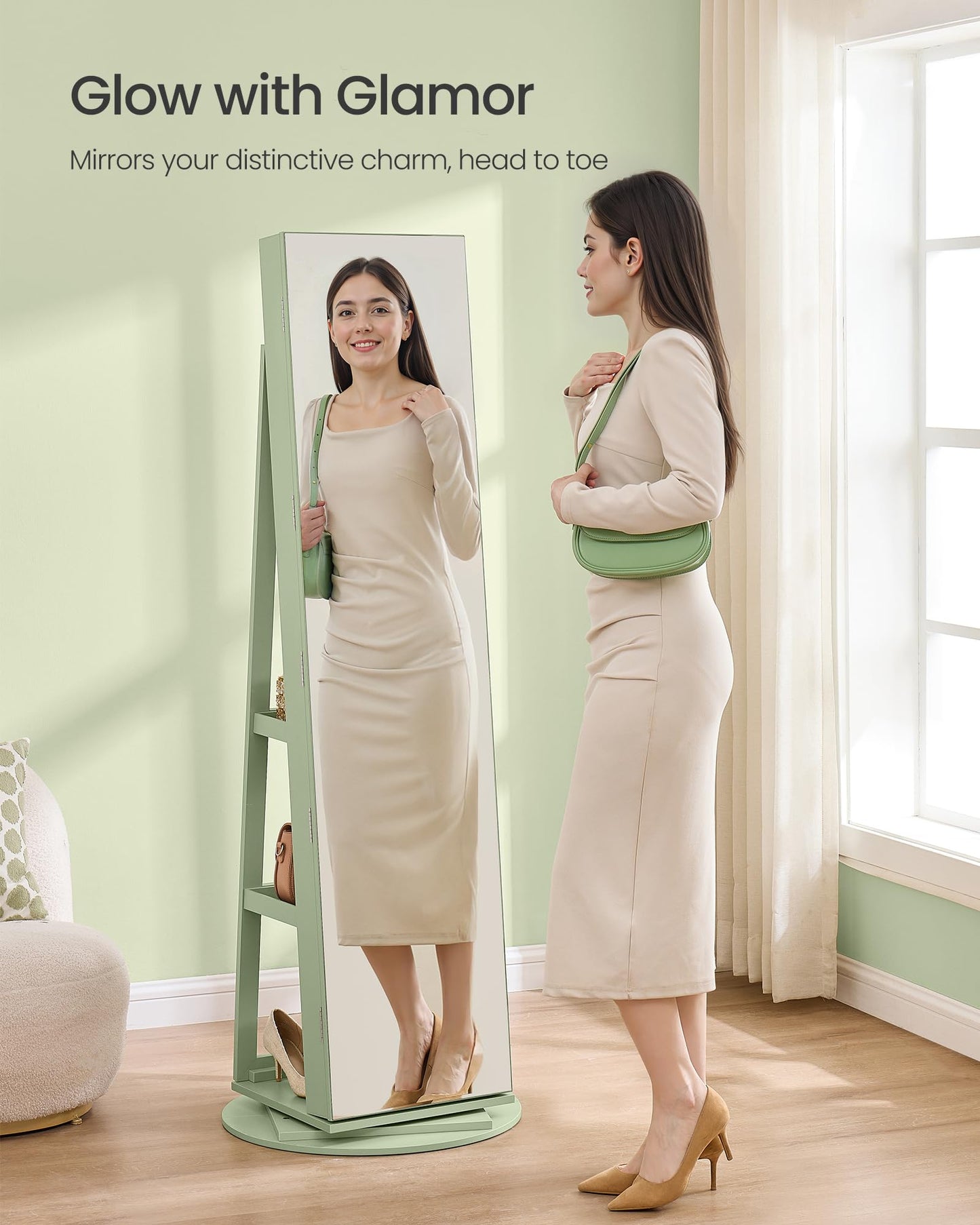 SONGMICS 6 LEDs Lockable Mirror Jewelry Cabinet, 360° Swivel Jewelry Organizer Armoire Standing, Frameless Full-Length Mirror, 3 Storage Shelves, Laurel Green Surface, Cream White Lining UJJC007C01