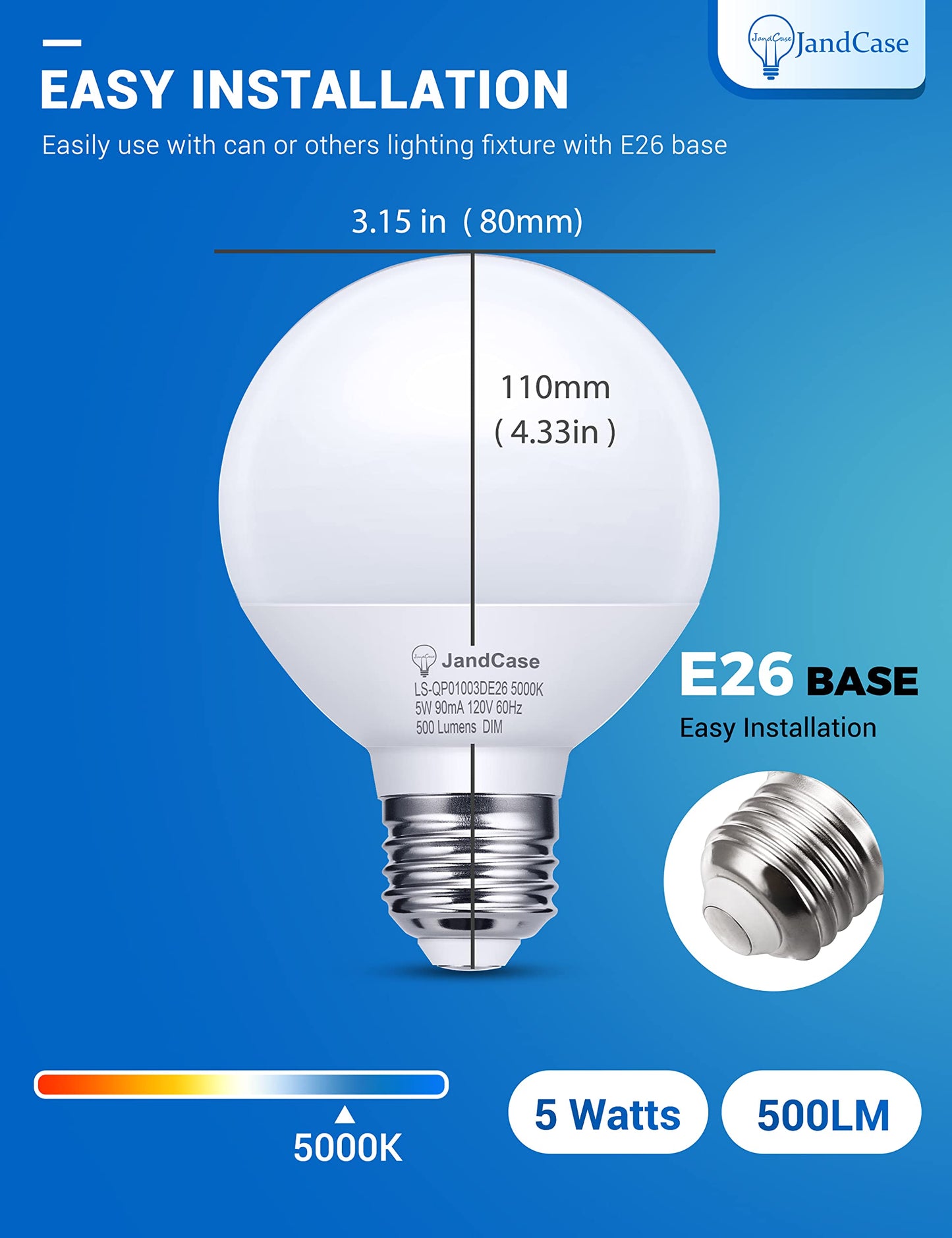 JandCase G25 LED Vanity Light Bulbs, Dimmable Globe, 5W(60W Equivalent), E26 Base, CRI 80, Daylight White 5000K, 500LM, UL Listed, 12 Pack
