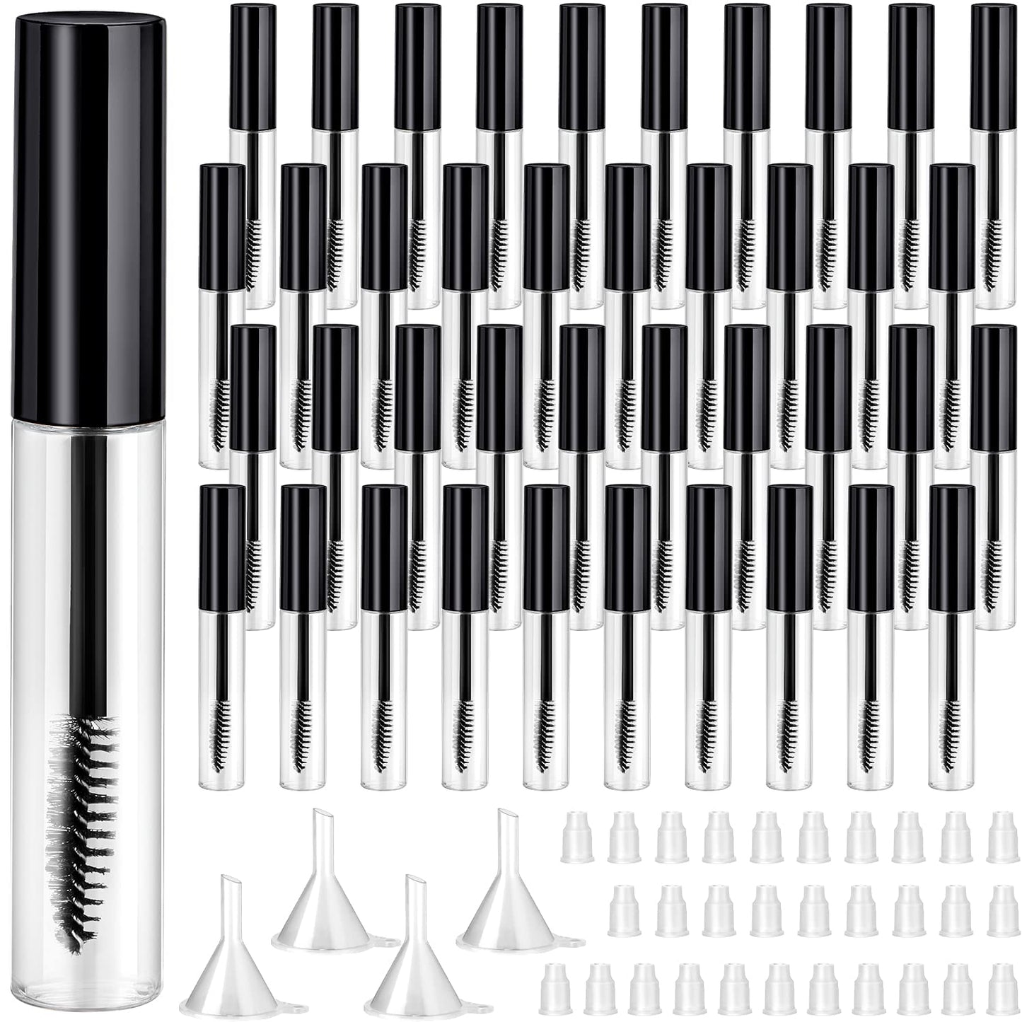 Maitys 40 Pieces 10 ml Empty Mascara Tubes Eyelash Wand Refillable Clear Bottles Eyelash Cream Container Bottle with 4 Pieces Transparent Funnels Transferring Castor Oil for DIY Cosmetics (Black)