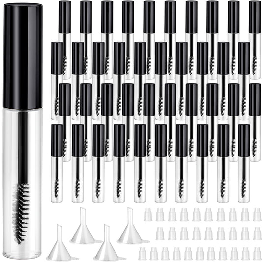 Maitys 40 Pieces 10 ml Empty Mascara Tubes Eyelash Wand Refillable Clear Bottles Eyelash Cream Container Bottle with 4 Pieces Transparent Funnels Transferring Castor Oil for DIY Cosmetics (Black)