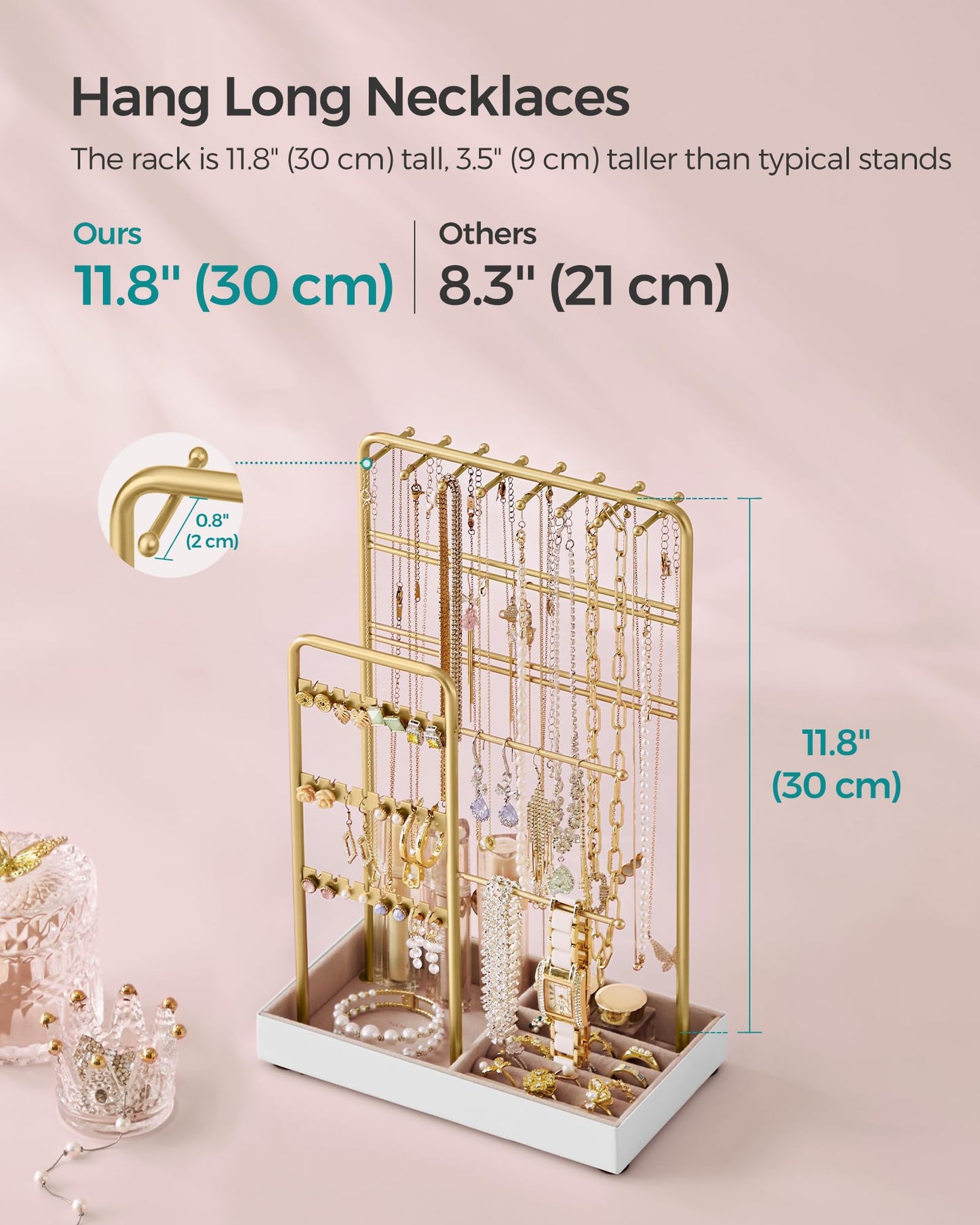 SONGMICS Necklace Holder, Jewelry Stand Holder Organizer, Jewelry Display with Metal Frame, Velvet Tray, Earring Bracelet Holder, for Gift Idea, 4.5 x 7.7 x 12.1 inch, Pale Gold UJJS021A01