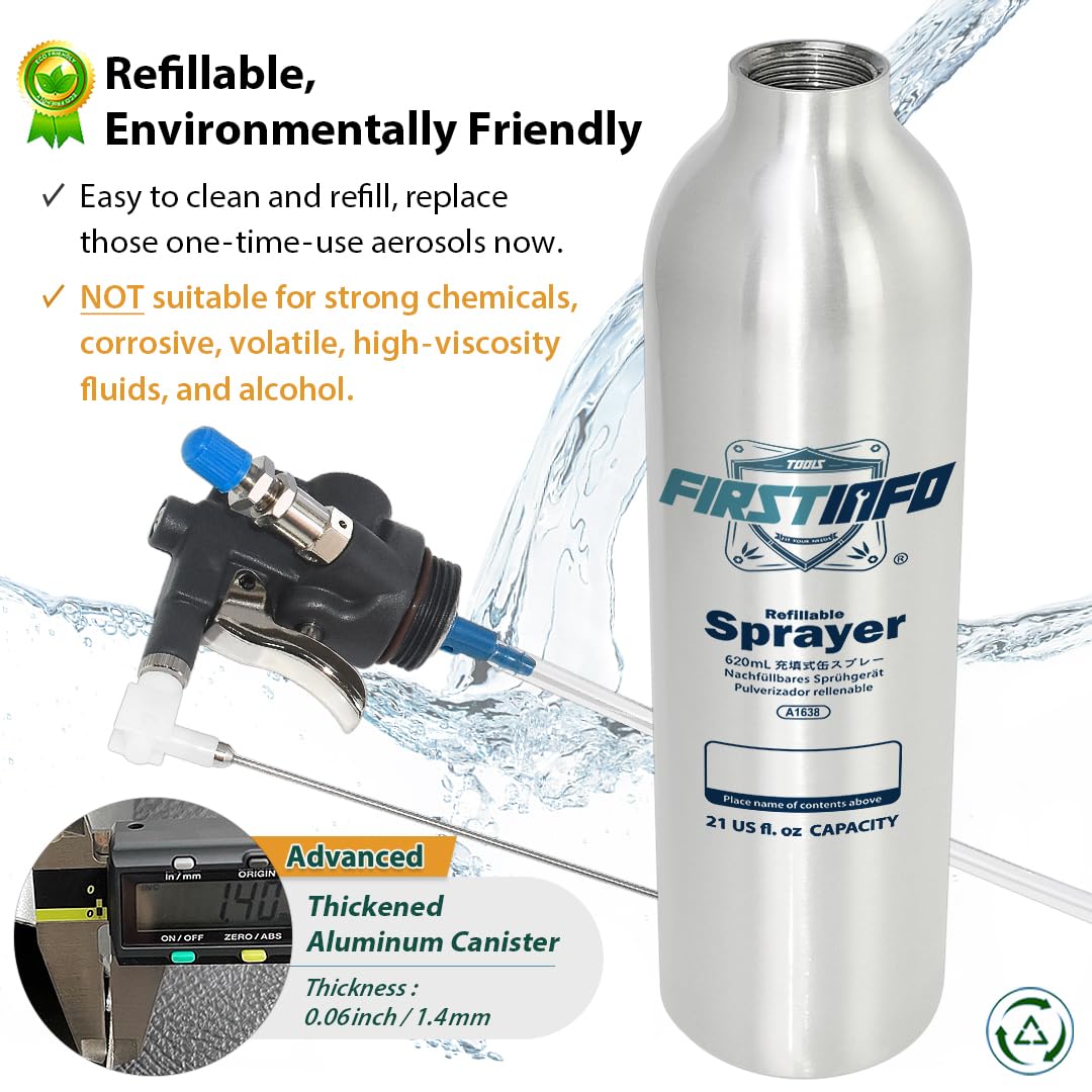 FIRSTINFO A1638 (3rd Gen) Patented Lightweight Max. Pressure 140psi / 620ml Thickened Aluminum Canister Refillable Aerosol Spray Can | Compressed Air Sprayer | Wide Mist Spray