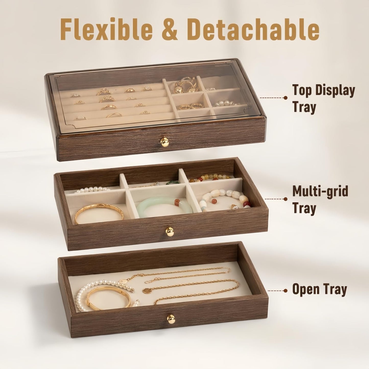 3 - Layer Wooden Drawers Jewelry Box for Women, Jewelry Organizer with Acrylic Cover & Velvet Lining - Adjustable Compartments for Earrings, Rings, Necklaces, Bracelets, Lipstick