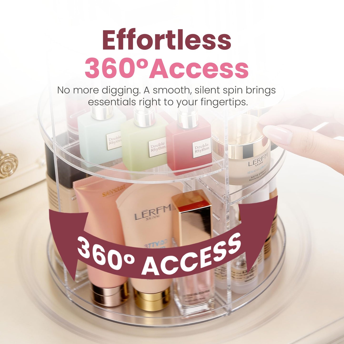 Masirs 360 Rotating Makeup Organizer Countertop - Adjustable Shelf Height - The Perfect Round Spinning Cosmetic Organizer for Bedroom Dresser or Vanity Countertop Storage (Clear)