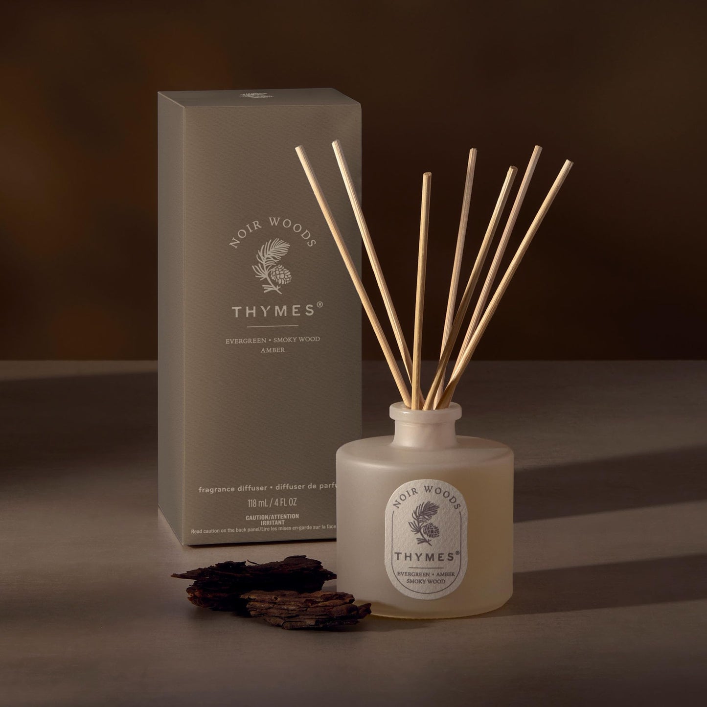 Thymes Petite Oil Reed Diffuser Set – Includes Reeds, Fragrance Oil & Glass Bottle – Luxury Scent Diffusers for Home Decor – Notes of Fresh Evergreen, Smoky Wood & Golden Amber (Noir Woods, 4 fl oz)