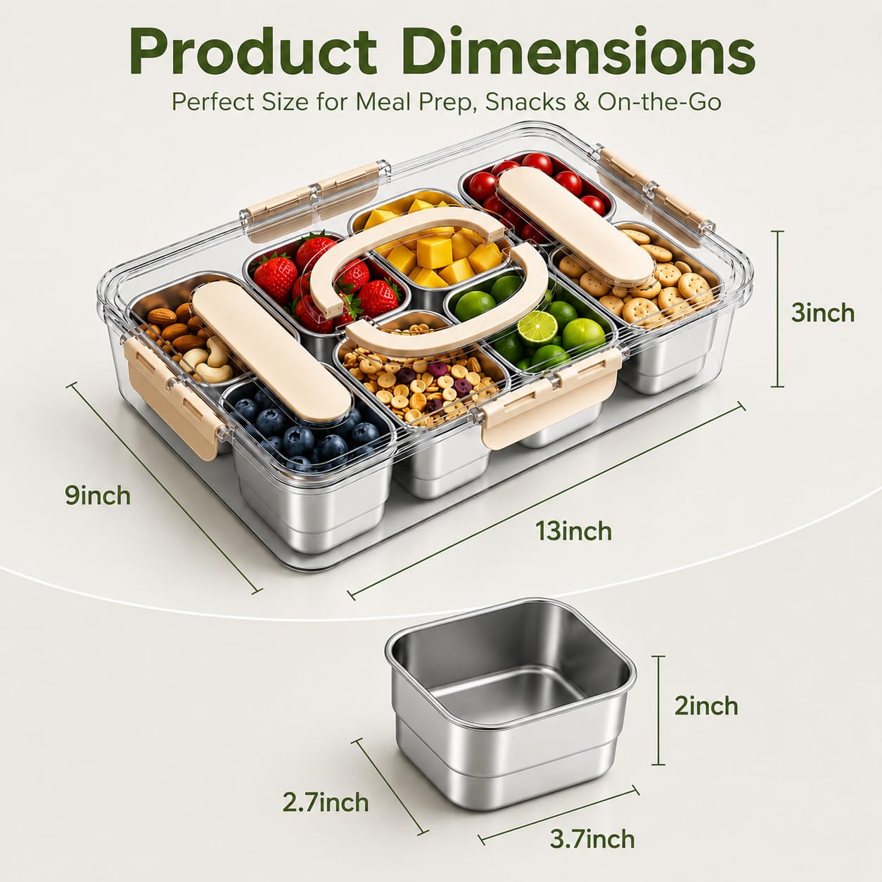KAVRENOLIX Snackle Box Container,Stainless Steel Divided Serving Tray with Lid & Handle,8 Removable Compartments & Silicone Lids for Snacks Fruit Salad,Portable Storage Box for Picnic Travel Party