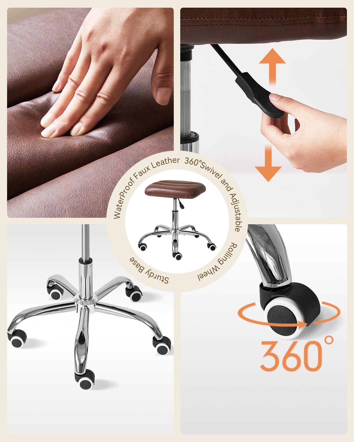IBUYKE Adjustable Swivel Rolling Stool with Wheels, 18.5"-22.8" Multi-Purpose Vanity Chair for Massage, Tattoo, Barber, Pedicure, Nail Tech & Salon Use, Dark Brown WBD029Z