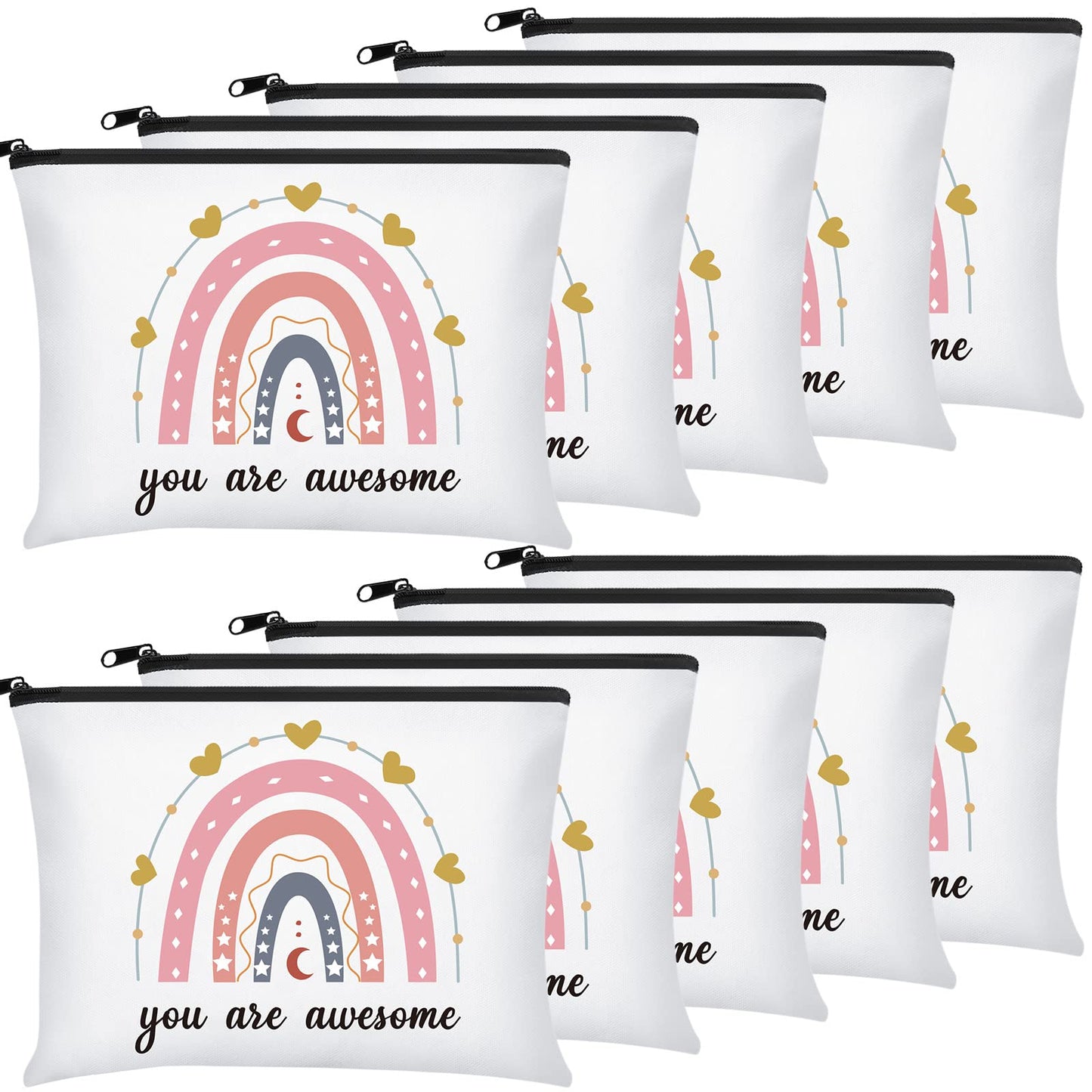 Chunful 10 Pieces Inspirational Canvas Makeup Bags for Women Graduation Gift Rainbow Canvas Cosmetic Bags Bulk with Zipper Friendship Gift Travel Toiletry Pouch(Moon Style)