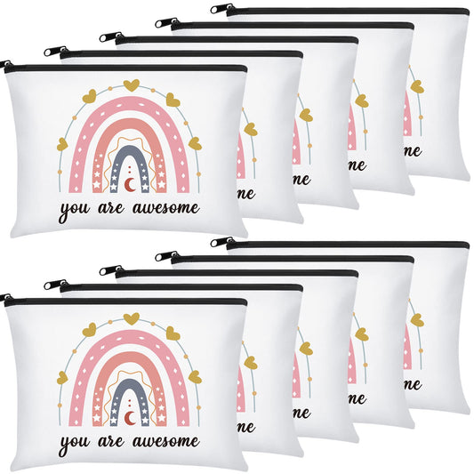 Chunful 10 Pieces Inspirational Canvas Makeup Bags for Women Graduation Gift Rainbow Canvas Cosmetic Bags Bulk with Zipper Friendship Gift Travel Toiletry Pouch(Moon Style)