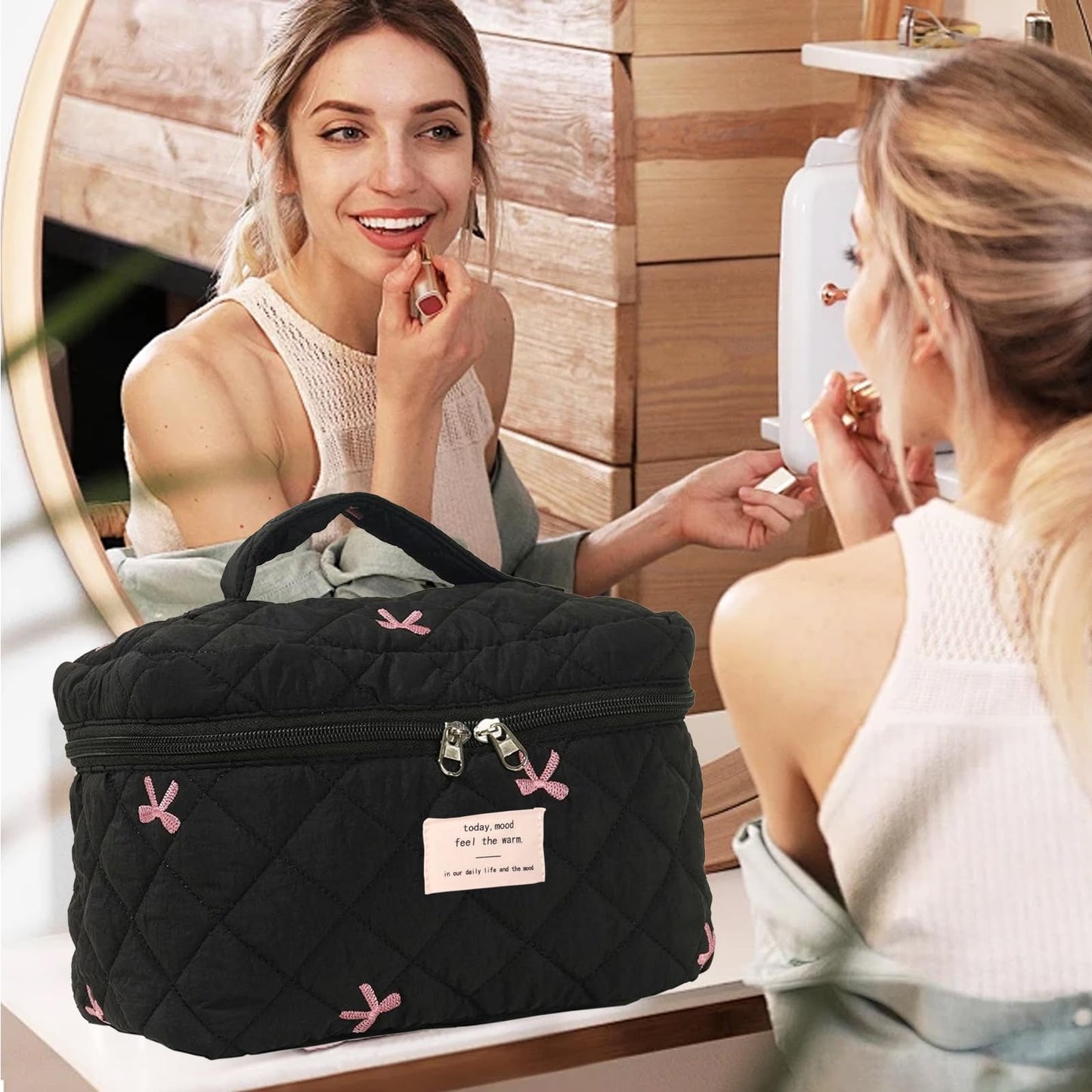 AMULOKRU Large Makeup Bag, Cute Cosmetic Bags for Women, Floral Quilted Makeup Bag, Coquette Aesthetic Toiletry Bag,Travel Makeup Organizer Bags-Black