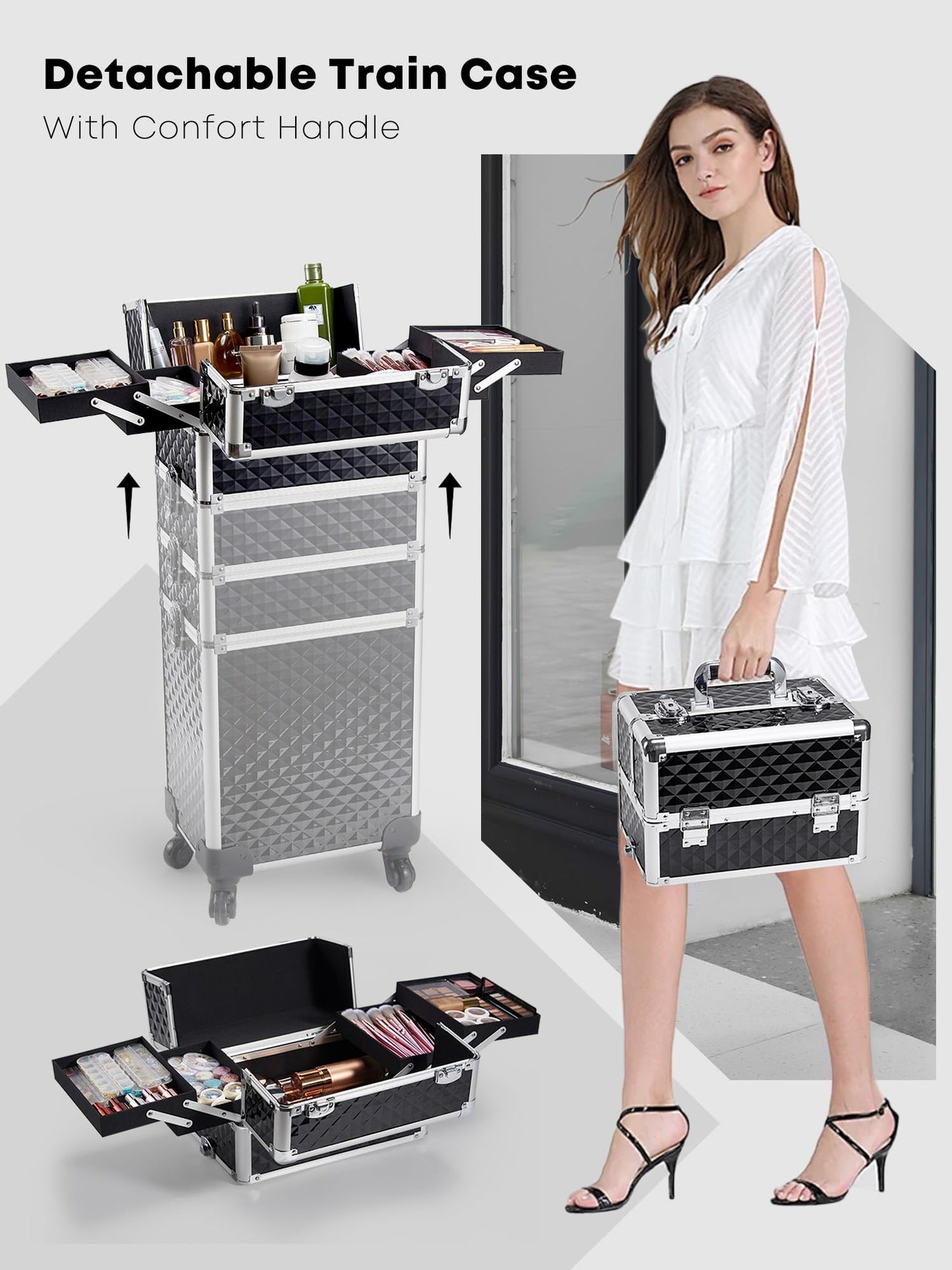 Adazzo Rolling Makeup Train Case 4-in-1 Transformable Cosmetology Case on Wheels, Large Makeup Cart with 4 Extendable Trays, Lockable Nail Supply Storage, Travel Makeup Case for Professionals