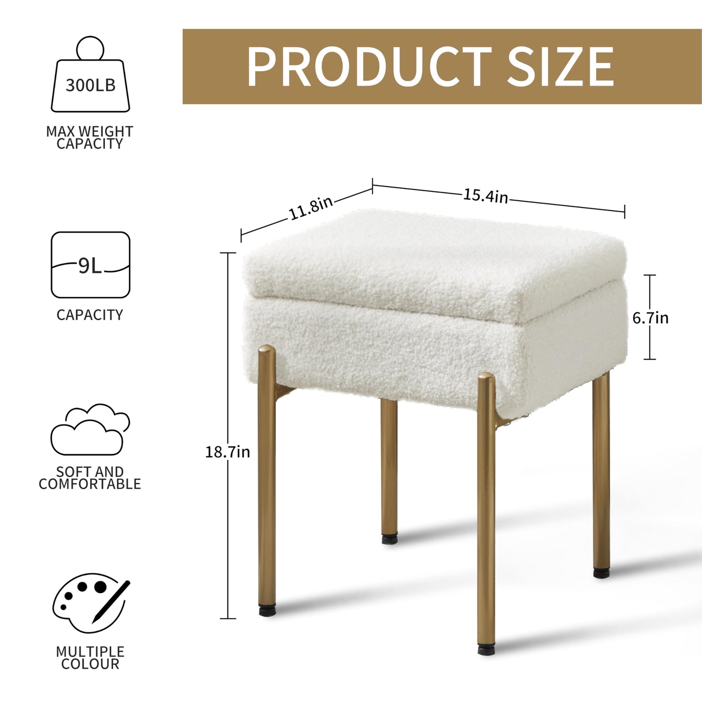 Vanity Stool Chair, Small Ottoman Stool with Storage, Makeup Vanity Chair with Anti-Slip Feet, Footstool Ottoman with Metal Legs, Storage Chairs for Makeup Room, Bedroom, Living Room (White+Gold)