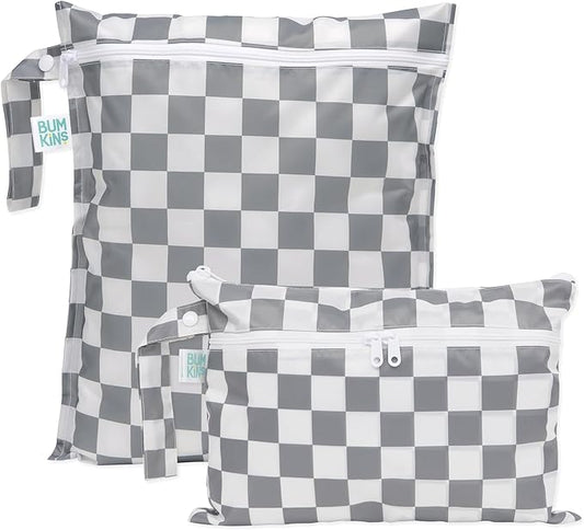 Bumkins - Waterproof Wet Bag & Wet/Dry Clutch Bags - For Beach, Baby, Travel, Swim Suit, Cloth Diapers, Pump Parts, Pool, Gym, Toiletries - Reusable & Easy to Clean - Gray Check - 2 Pack