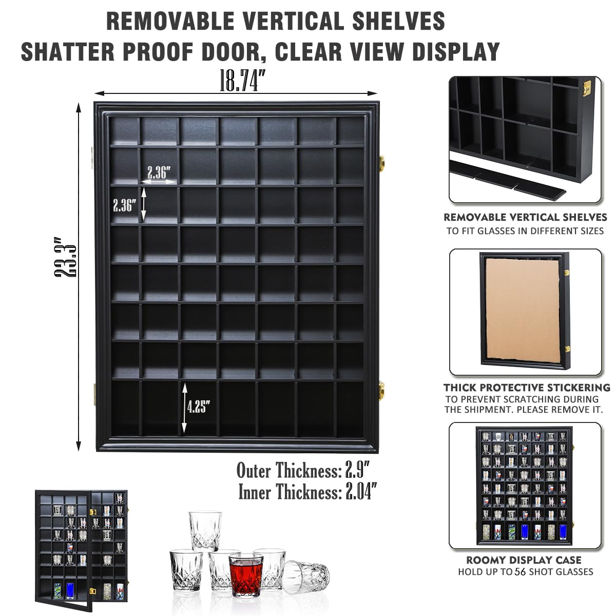 Shot Glass Display Case Wooden Cabinet Rack Holder Wall Mounted 56 Slots Black Shadow Box Lockable with UV Protection Acrylic Glass Door Shot Glass Storage Display with Removable Shelves, 23.3"x18.74"