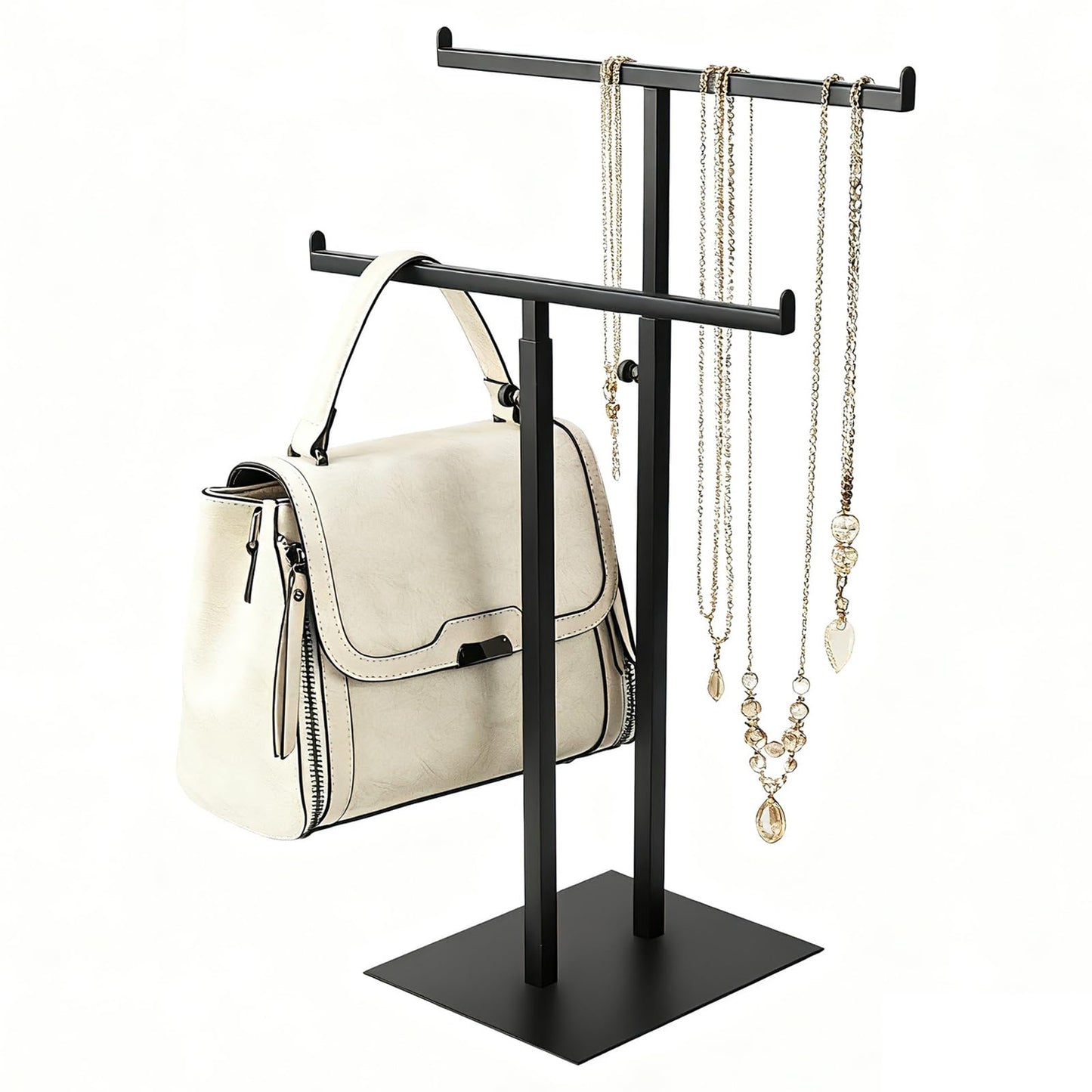 Purse Display Stand Jewelry Towers, Black Double T-Shaped Tabletop Stainless Steel Hook Hanging Adjustable Height Handbag Holder for Organizer Luxury Bags Necklaces Home Store Boutique Retail Closet