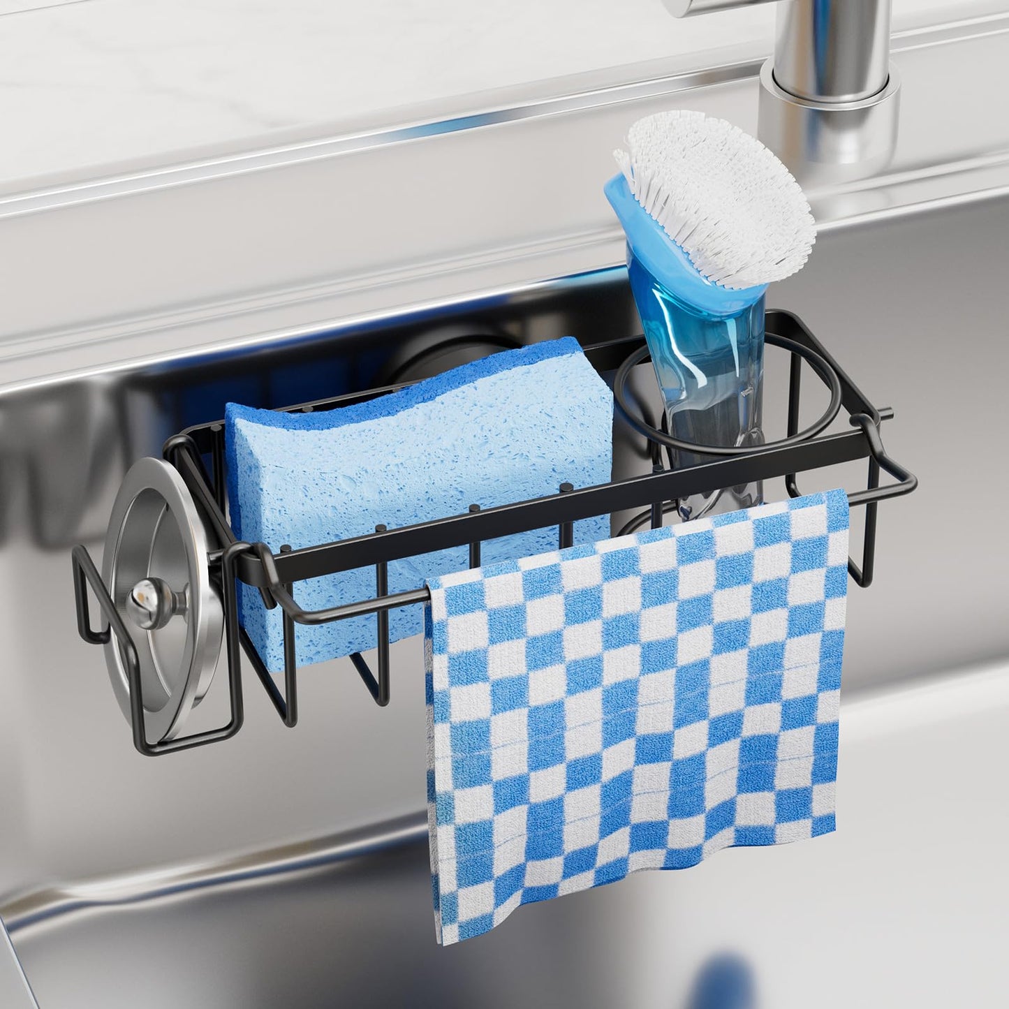 TAILI 4-in-1 Sink Caddy with Strong Suction Cup, Sponge Holder for Kitchen Sink Organizer, Removable, Rustproof, Stainless Steel Holder for Sponge, Brush, Scrubber, Scraper - Black