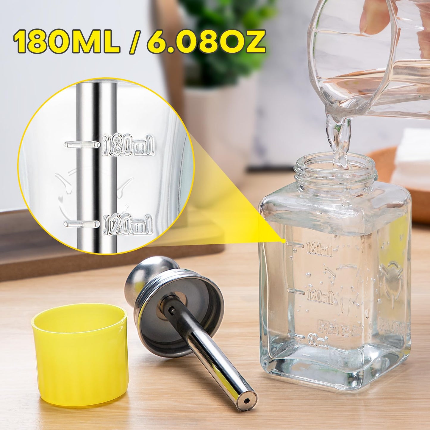 Noverlife 2PCS 6Oz / 180ml Clear Acetone Dispenser with Cap, Square Glass Nail Polish Remover Pump Alcohol Dispenser Alcohol Bottle, Refillable Push Down Pump Bottle for Makeup Remover