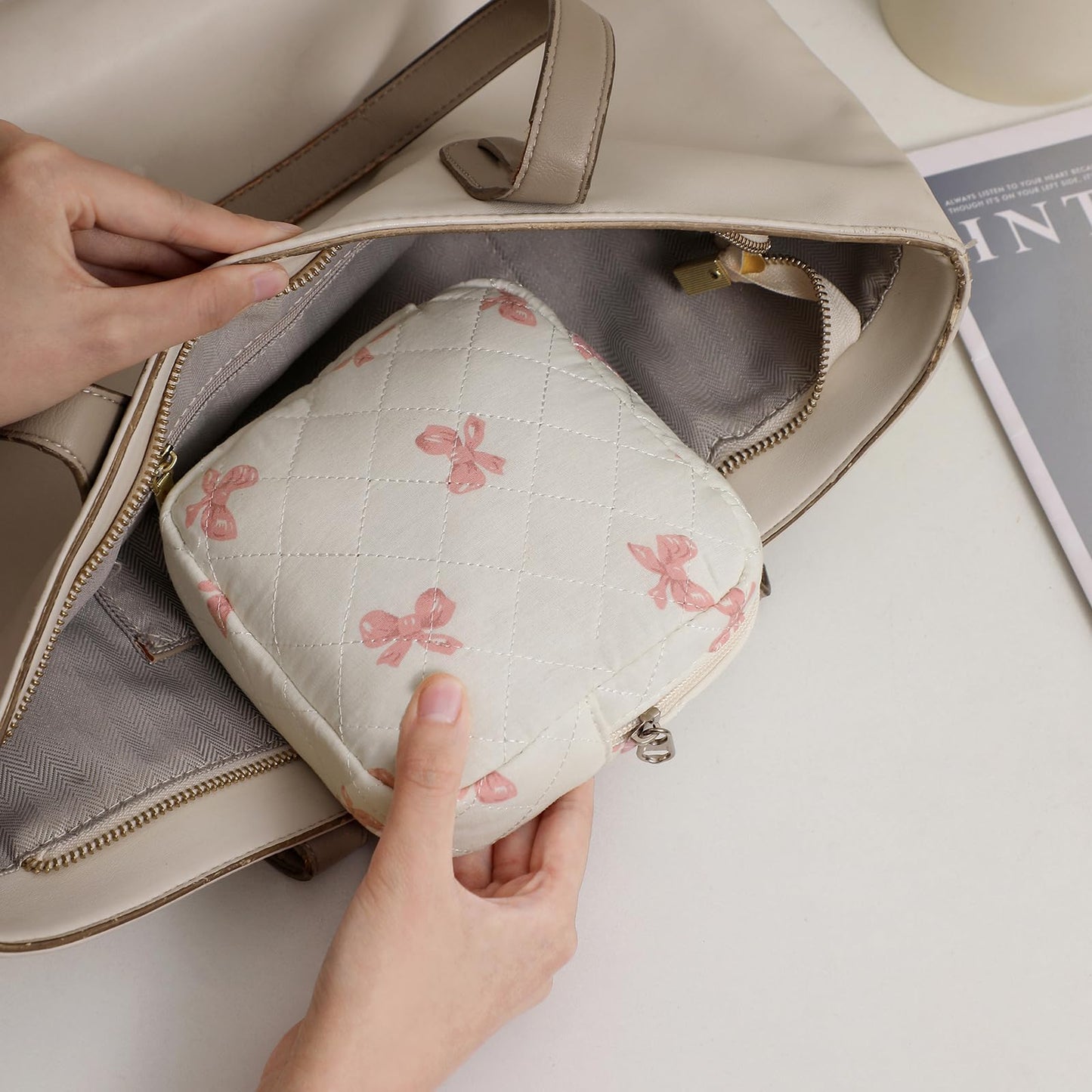 Small Quilted Cotton Makeup Bag for Purse, Cosmetic Bag with Compartments, Cotton Aesthetic Makeup Bag, Travel Toiletry Pouch, Lipstick Bag Card Holder Data Cable Organizer (08White Pink Bow)