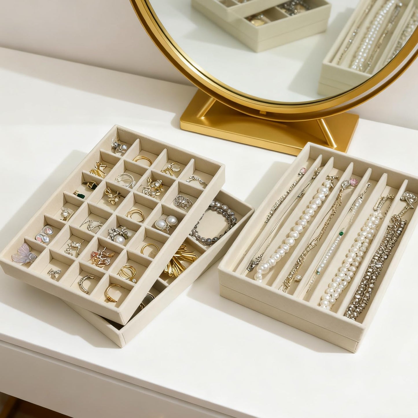 KATISYIO Stackable Jewelry Trays Organizer for Drawer Set of 4 – Velvet Drawer Inserts Organizer Jewelry Organizers and Display Set for Earrings, Rings, Necklaces, Bracelets (Beige)