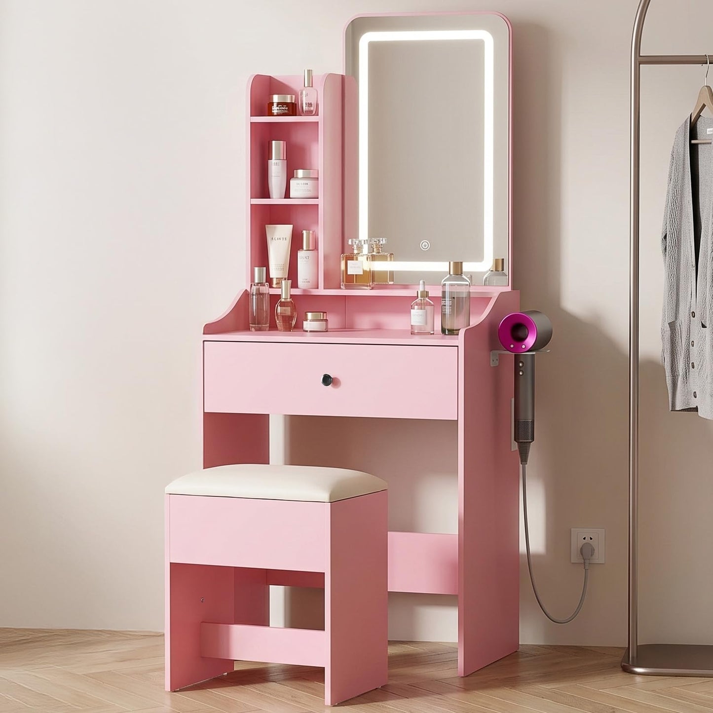 DUMOS Small Makeup Vanity Desk with LED Mirror and Storage Bench, Pink