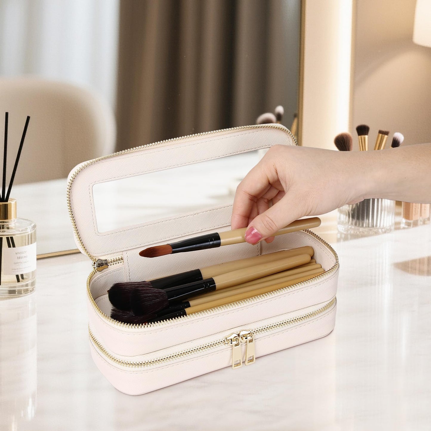 LOFOWN Double Layer Makeup Bag Makeup Brush Case Waterproof Travel Cosmetic & Toiletry Bag Purse Organizer and Car Essentials for Women (Beige, 2-Layer SLIM)