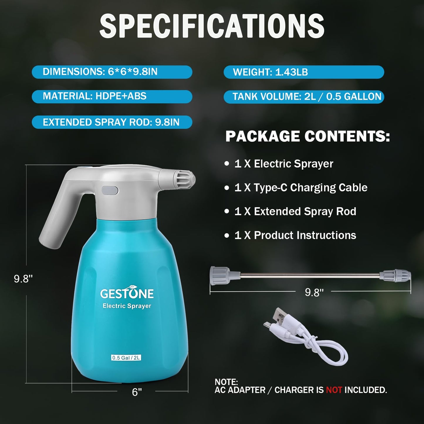 GESTONE Electric Spray Bottle 2L/0.5 Gallon Plant Mister, Automatic Watering Can Rechargeable Battery Powered Garden Sprayer with Adjustable Nozzle for Plants Fertilizing,Weeding and Cleaning