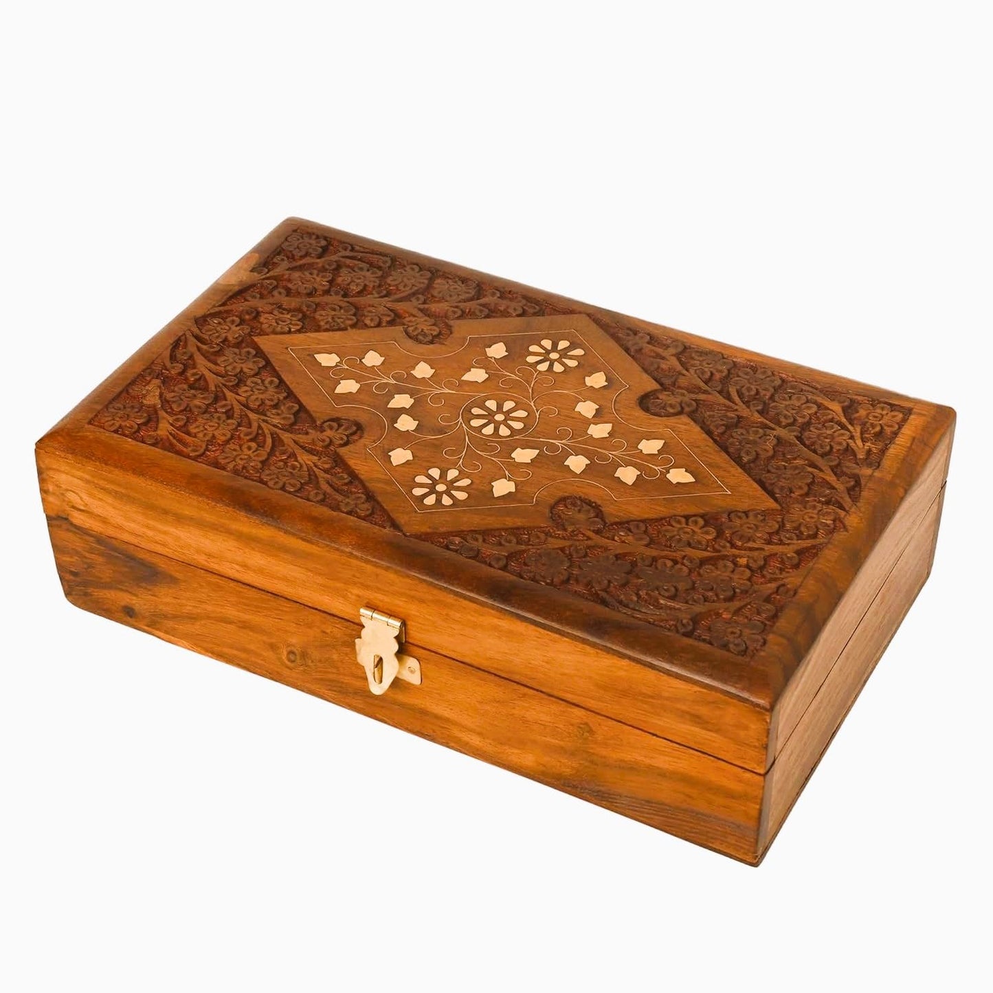 Wooden Jewelry Box with Exquisite Carving and Brass Inlay, Elegant Jewelry Organizer for Rings, Necklaces, and Bracelets, Handcrafted Storage Solution for Treasured Accessories